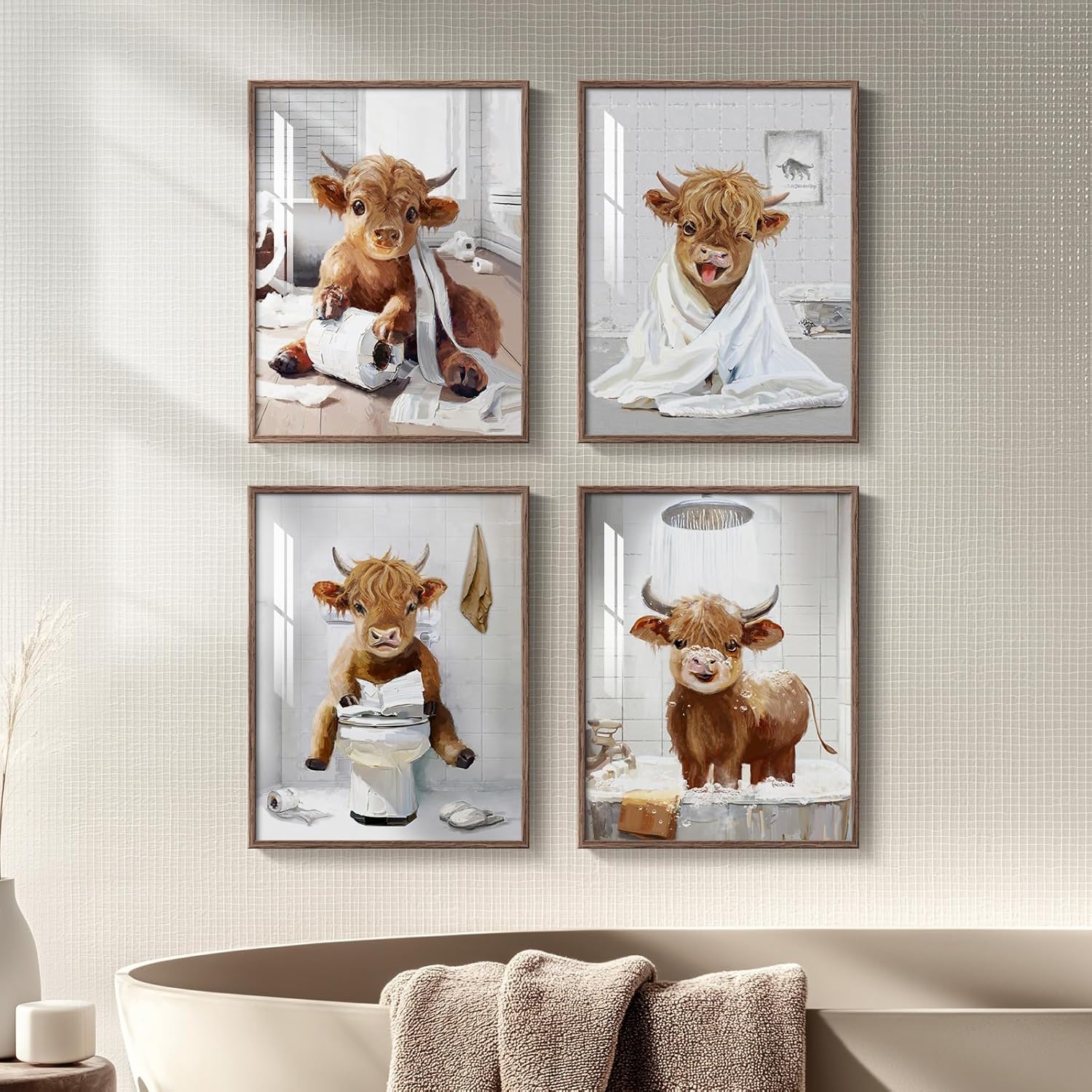 framed funny highland cow bathroom decor wall art, set of 4 rustic farm fun animal prints artwork for walls, cute baby cow sitting on toilet or take shower picture for bathroom wall decor 11" w x 14" h x 4pcs baby cow