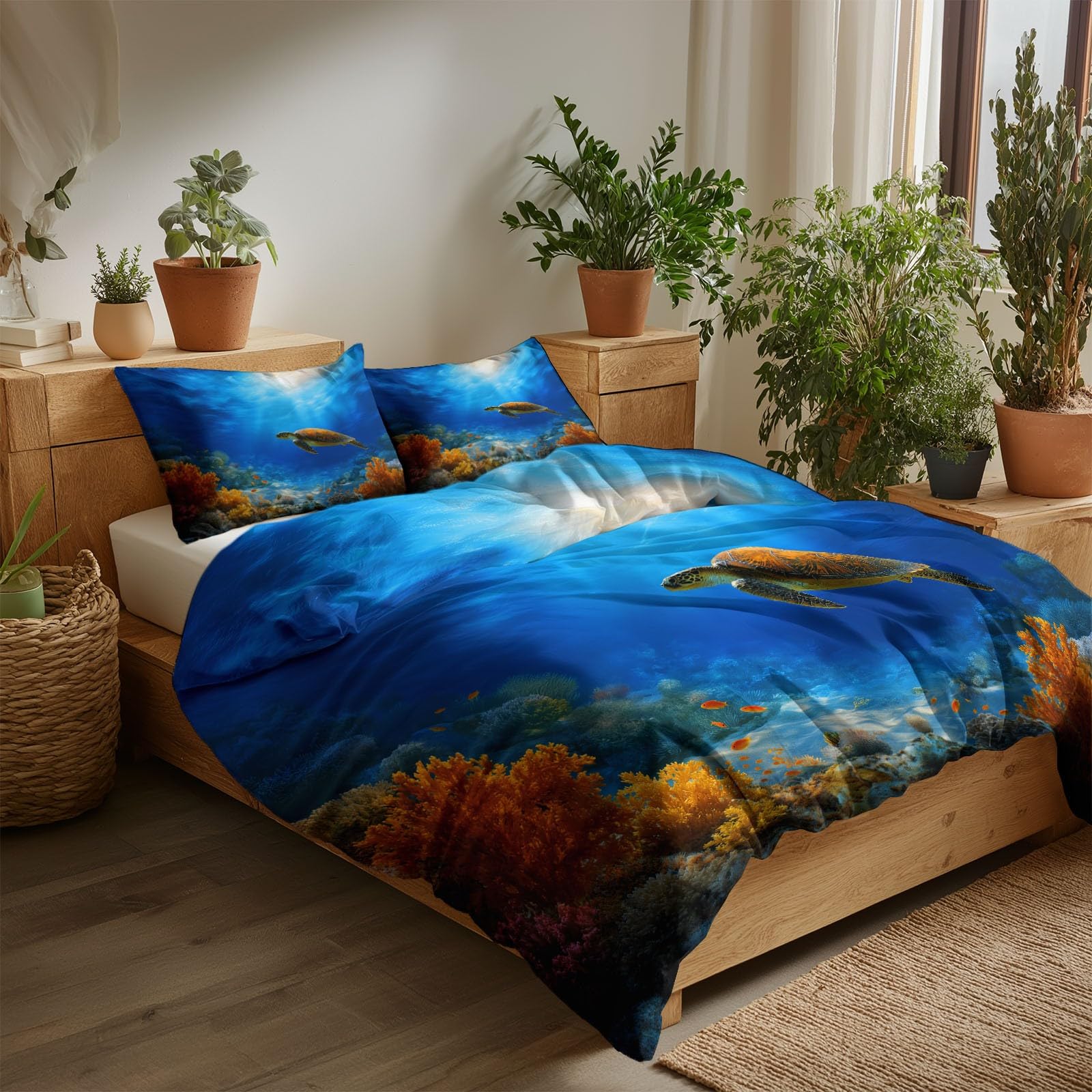 Zestaw pościeli dwuosobowej 100% mikrofibra 3-częściowy zestaw pościeli z 2 poszewkami na poduszki 50 x 80 cm, miękka, oddychająca poszwa na kołdrę można prać w pralce, niebieska anime morze słoneczny