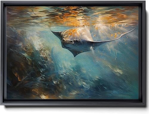 Nautical Print on Canvas for Wall Decor, Ocean Fish Manta Ray Canvas Wall Art, Beach Print for Wall Hang, Turquoise Coastal Pictures Wall Decor,