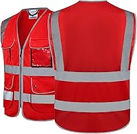 Vista 2 de Chalecos de seguridad retroreflectantes Clase 2 con 9 bolsillos y cremallera frontal ANSI/ISEA 107-2015 (rojo-3, 3XL)