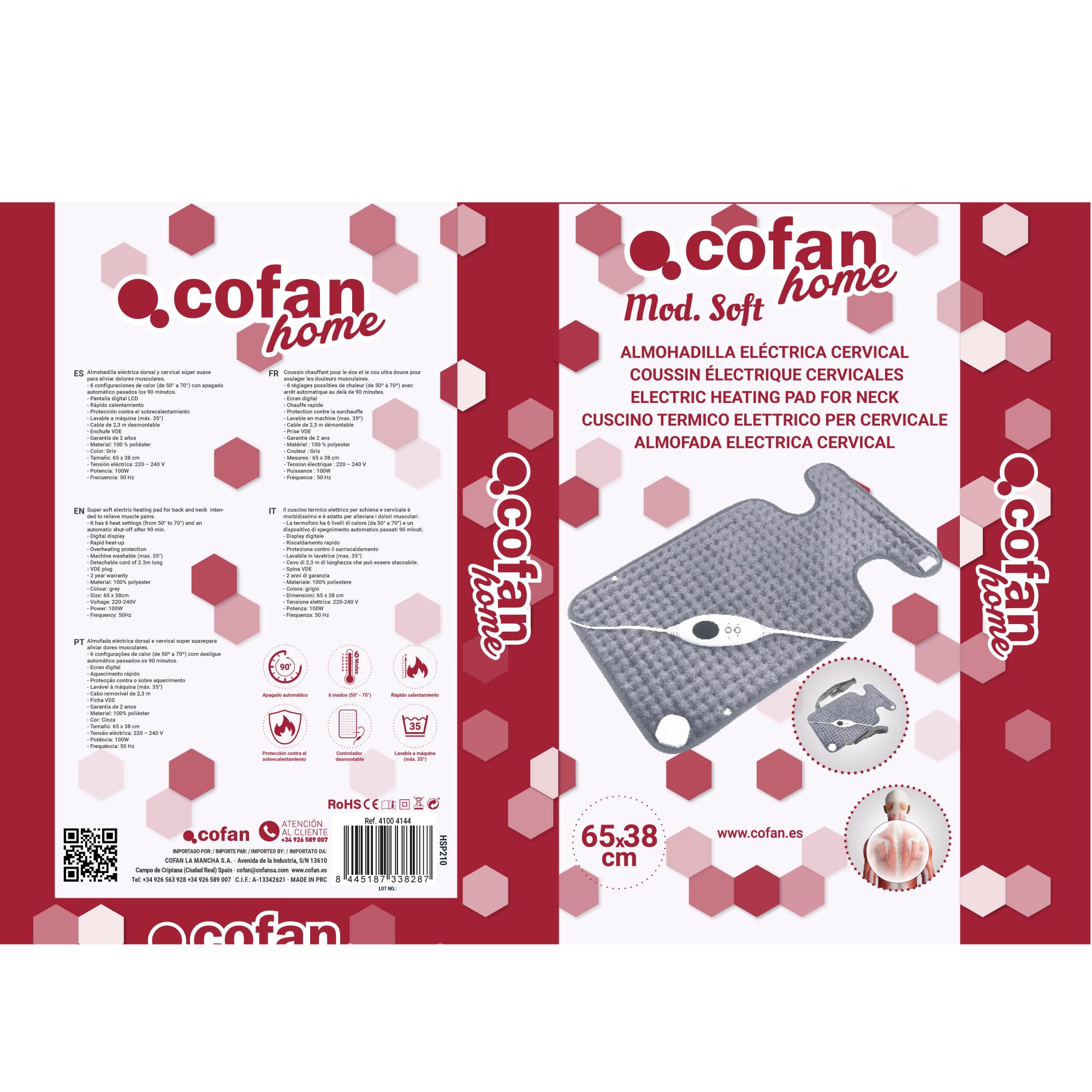 Cofan Cuscino termico elettrico per cervicale | Dimensioni: 65 x 38 cm | Colore: grigio | Allevia i dolori cervicali