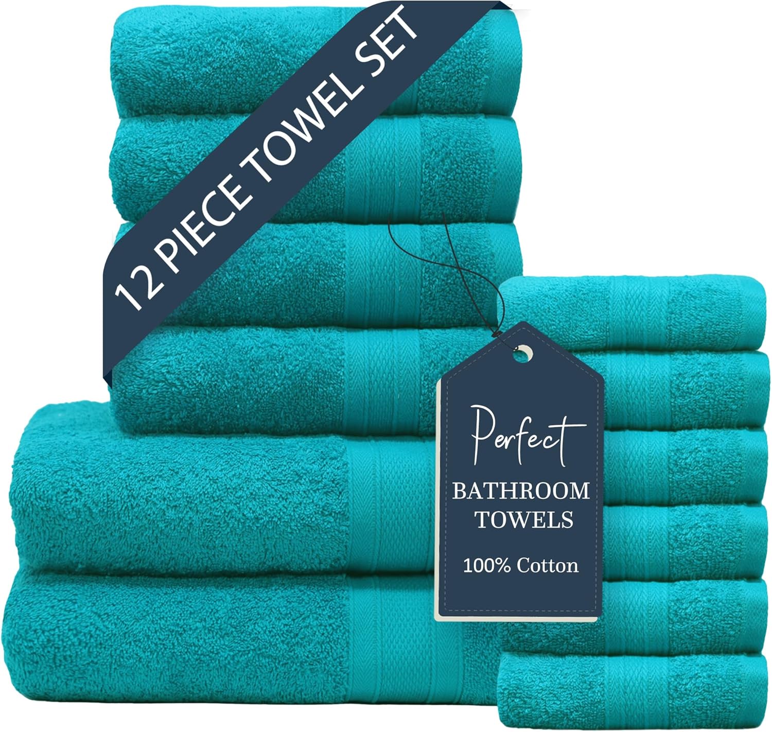TRIDENT 12 Piece Towel Set, 2 Teal Bath Towels, 4 Teal Hand