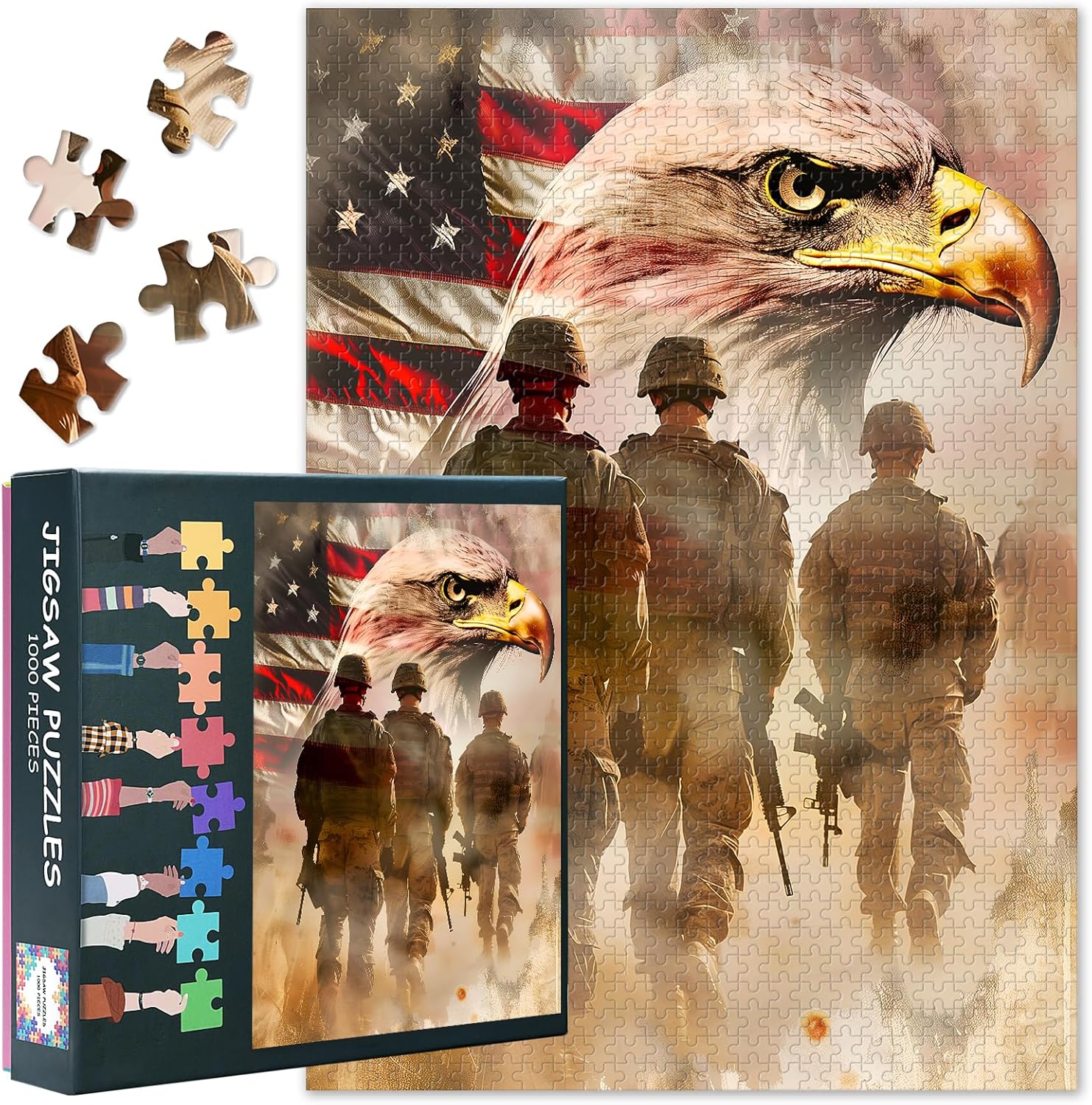 1000 Pieces Jigsaw Puzzles for Adults, Soldiers, Eagle and USA Flag Jigsaw Puzzle, Veterans Day Puzzle for Adults, Educational Fun Games or Toys for Elders Friends 20X27 INCH