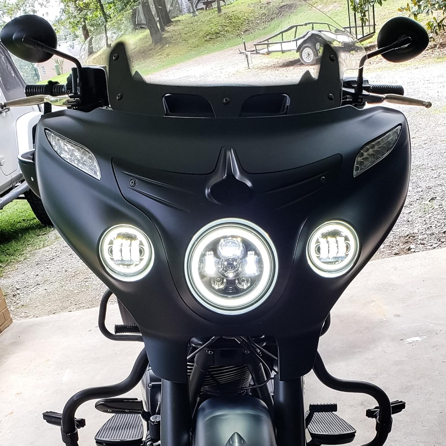 Eagle Lights 8700BG3HPK 7 Inch LED Headlight and LED Spot/Passing Light Kit with White Halo Rings Compatible With Harley-Davidson® and Indian® Motorcycles Generation III/Black Halo Kit