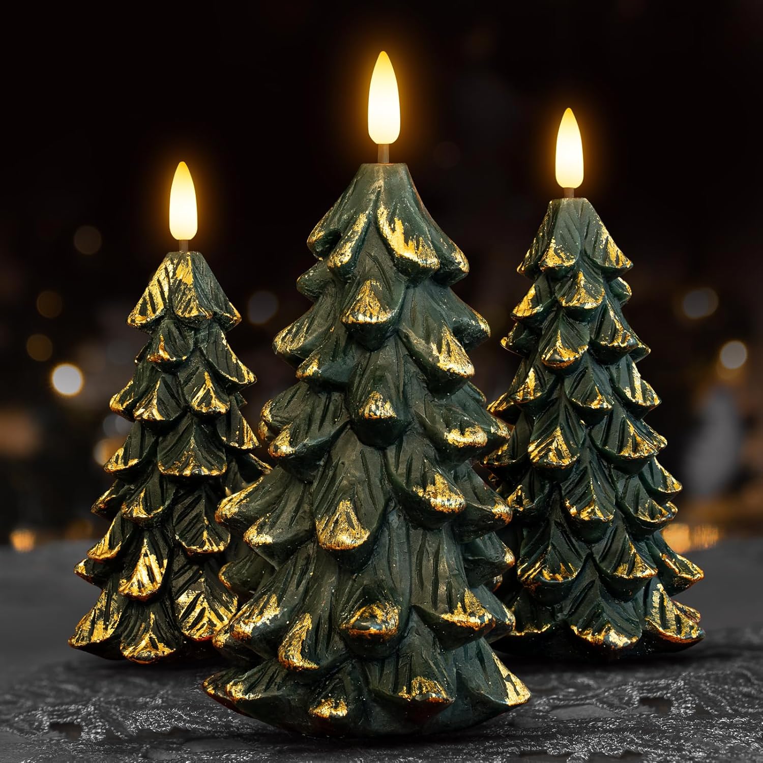 Green Christmas Tree Shaped Flameless Candles with Timer, Real Wax 3D Wick Flickering Battery Operated LED Candles for Christmas Home Party Decoration Set of 3