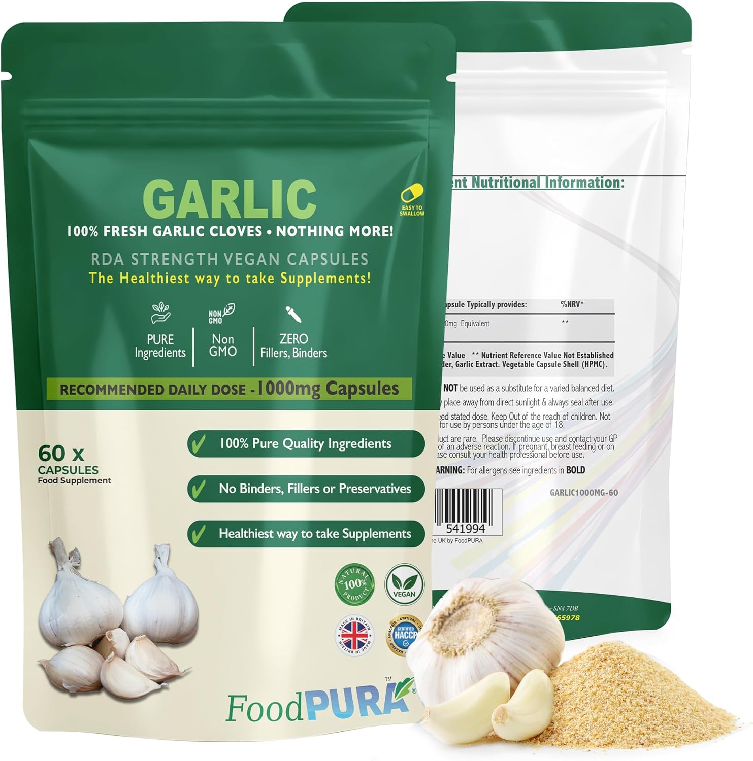 60 X Pure Garlic Capsules Recommended Daily Strength 1000mg - Capsules are The SAFEST Way to take Any Supplement! HACCP Certified, Manufactured in The UK. - Amazon product rated Grade B