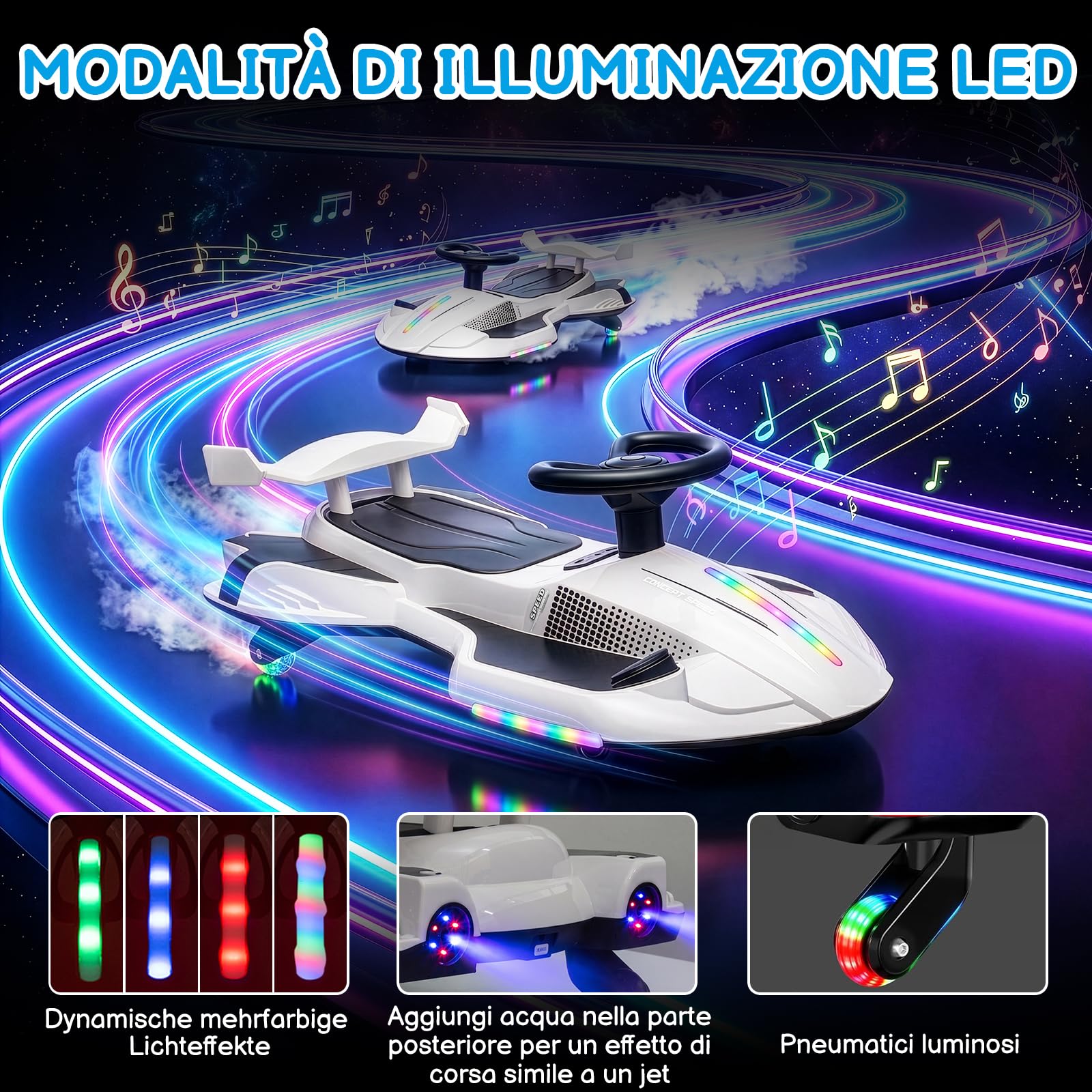LALAHO Macchina Elettrica Per Bambini 12 V con Pedale, 2 in 1 Auto Elettrica con 2 Velocità, Luci LED, Protezione Antiribaltamento, ruote luminose, per bambini dai 3 anni in su (Bianco-Nero)