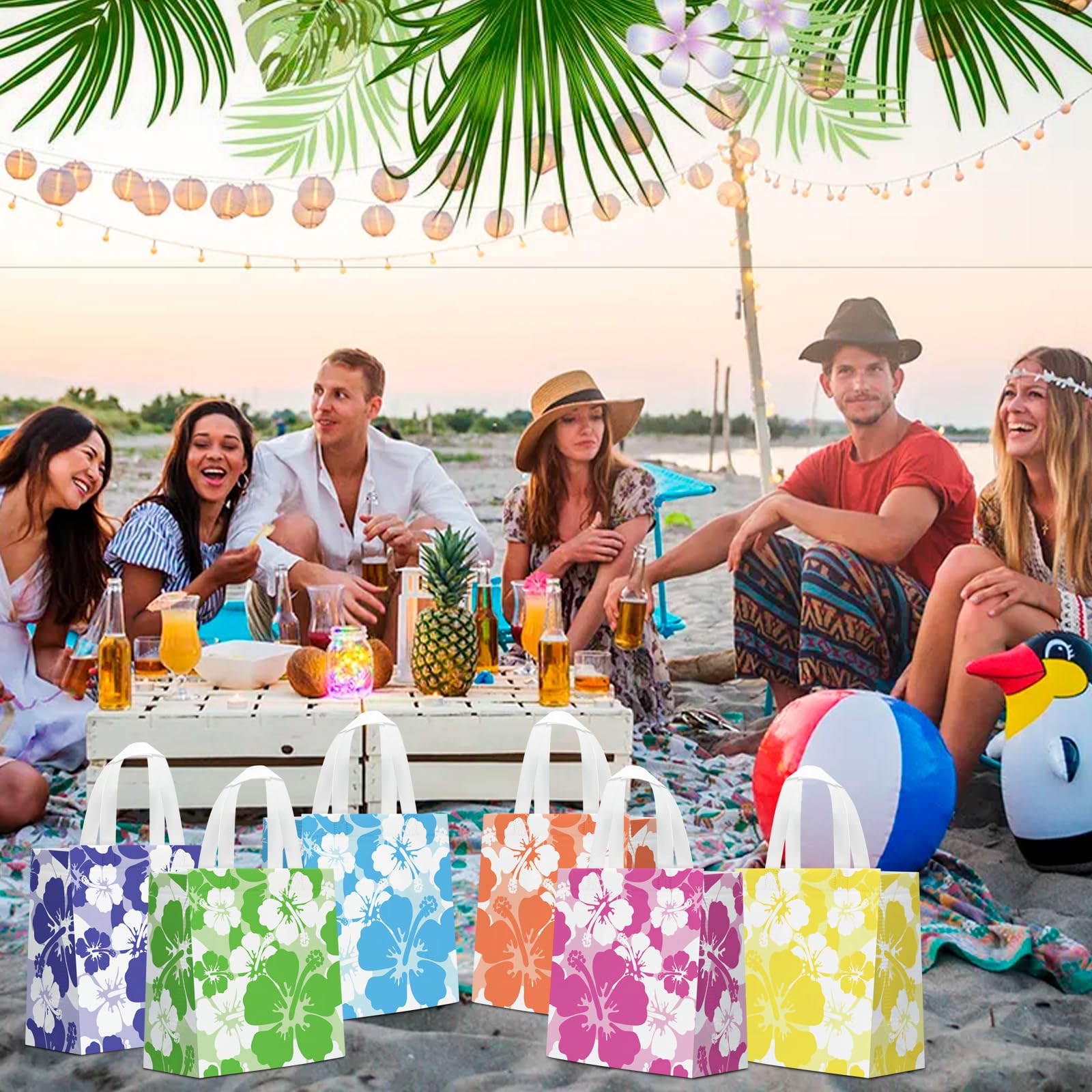 KERINGO 24 PCS Hibiscus Party Favor Bag Non Woven Hawaiian Gift Goodie Bag with Handles Luau Tropical Aloha Tiki Party Supplies