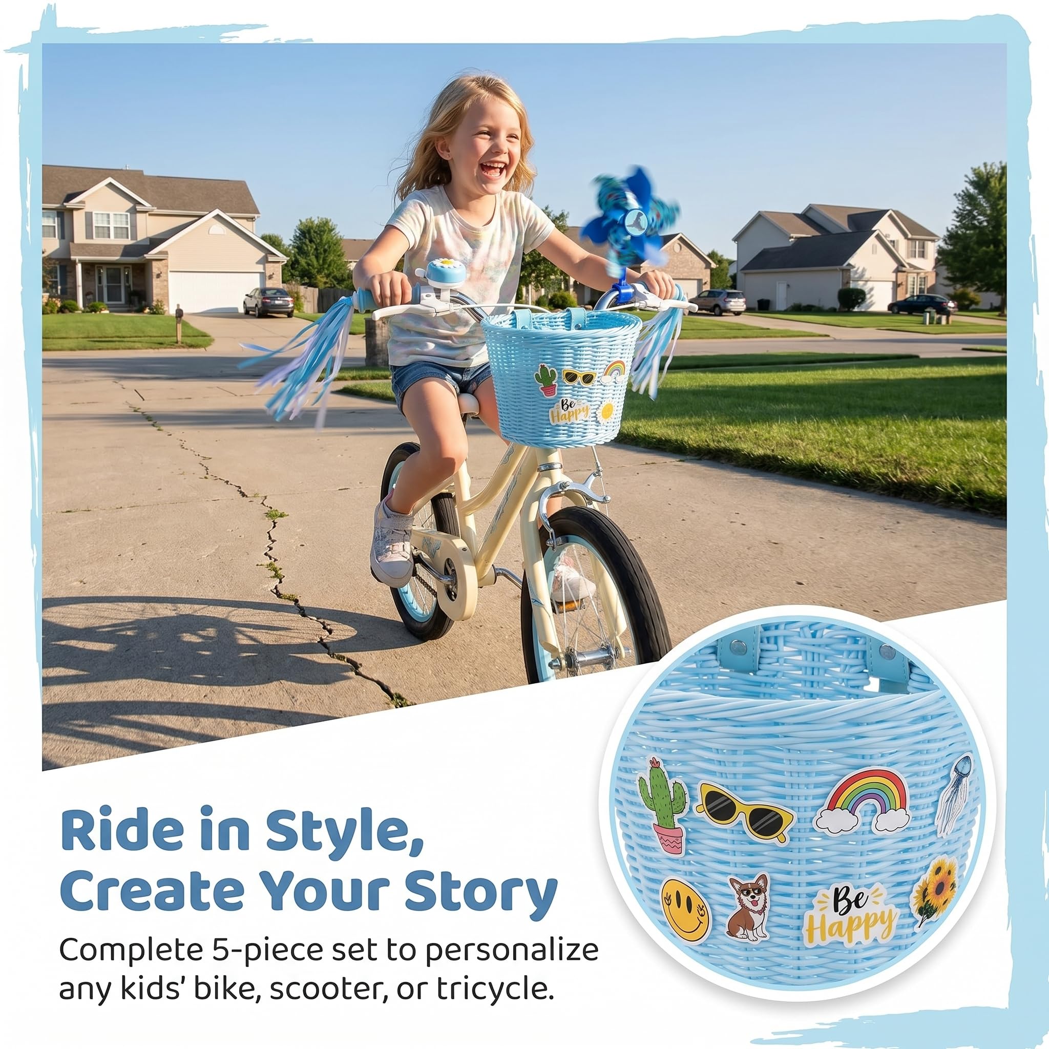 Panier de vélo avant pour enfants, accessoires de vélo pour filles et garçons, panier de vélo tissé avec autocollants, sonnette de vélo, moulin à vent et 1 paire de rubans colorés (panier bleu)