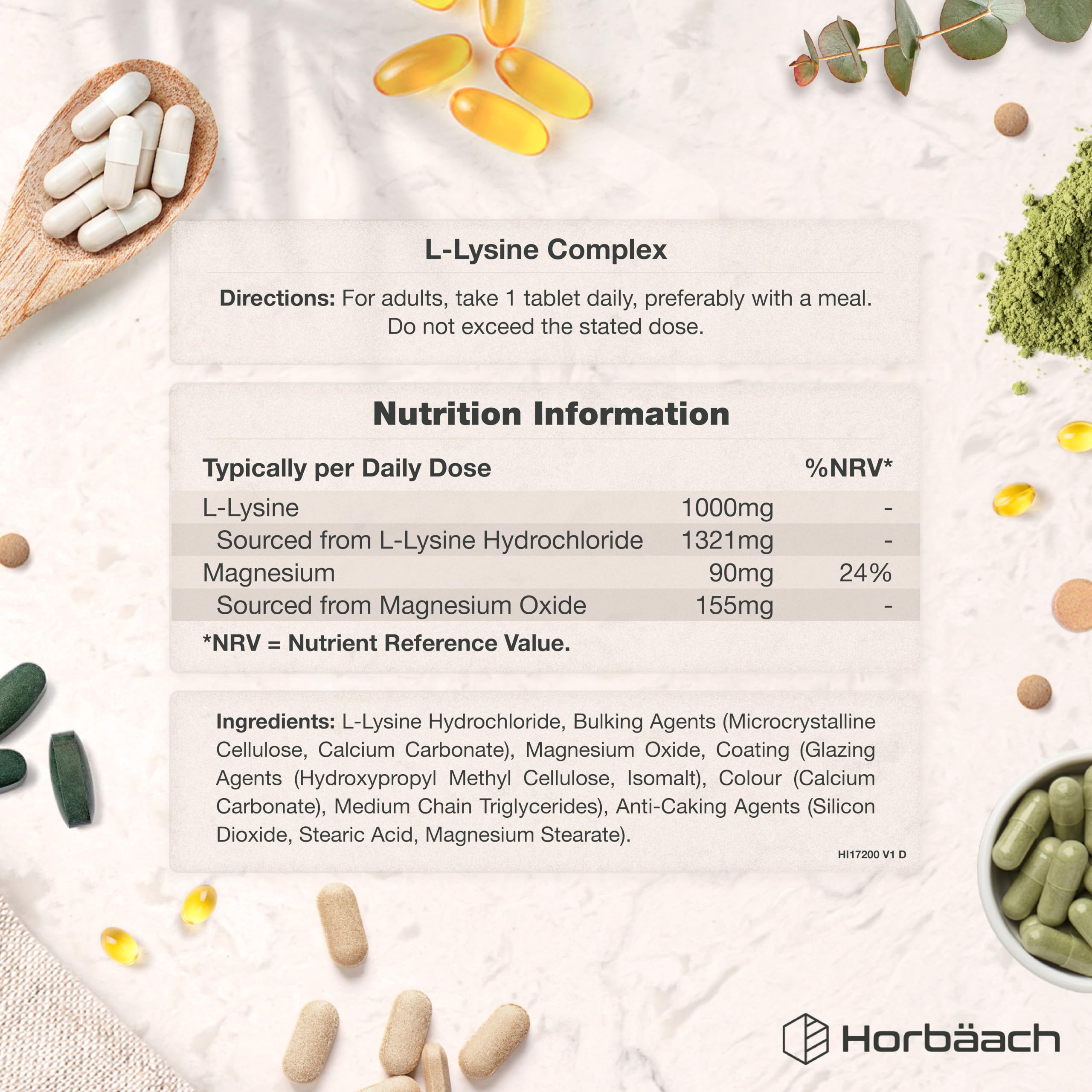 L-Lysine 1475mg par Dosé Journalière - Acide Aminé | 120 Comprimès Vegan | Complément Alimentaire Hautement Dosé | par Horbaach