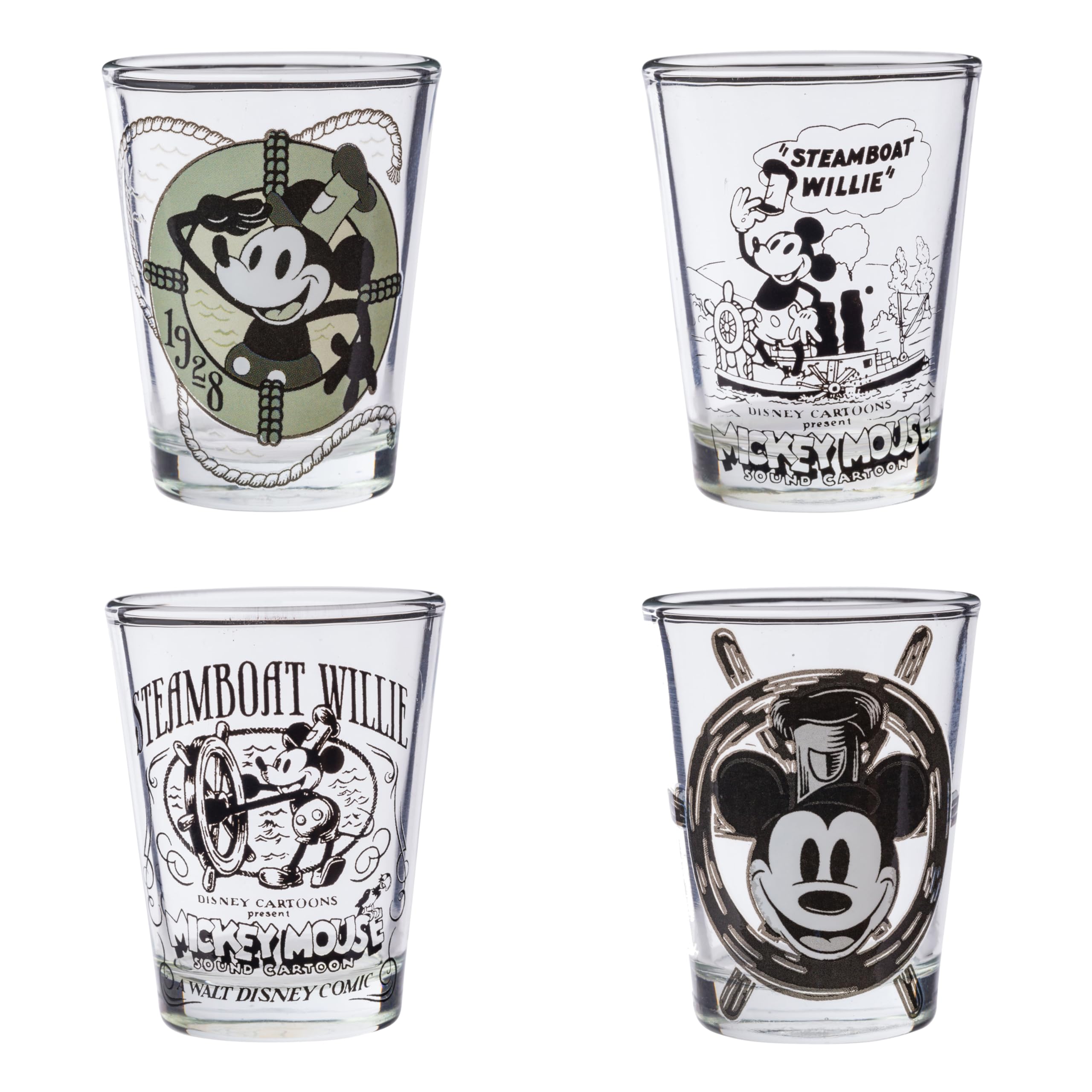 Silver Buffalo Disney 100 Steamboat Mickey 4pc. Mini Glass Set 4x1, 1.5 Ounces