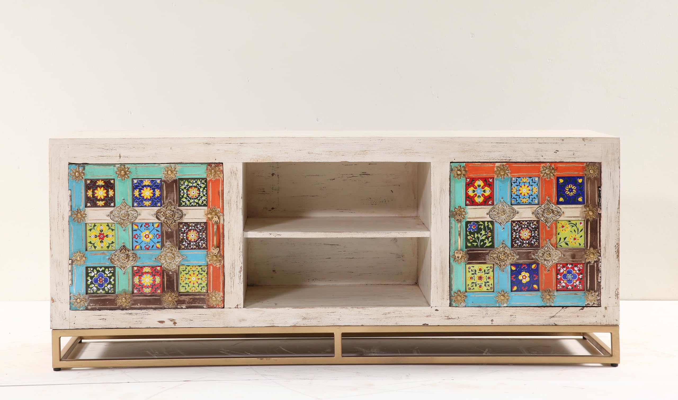 Vintage TV Stand Entertainment Unit with Moroccan Tile Design