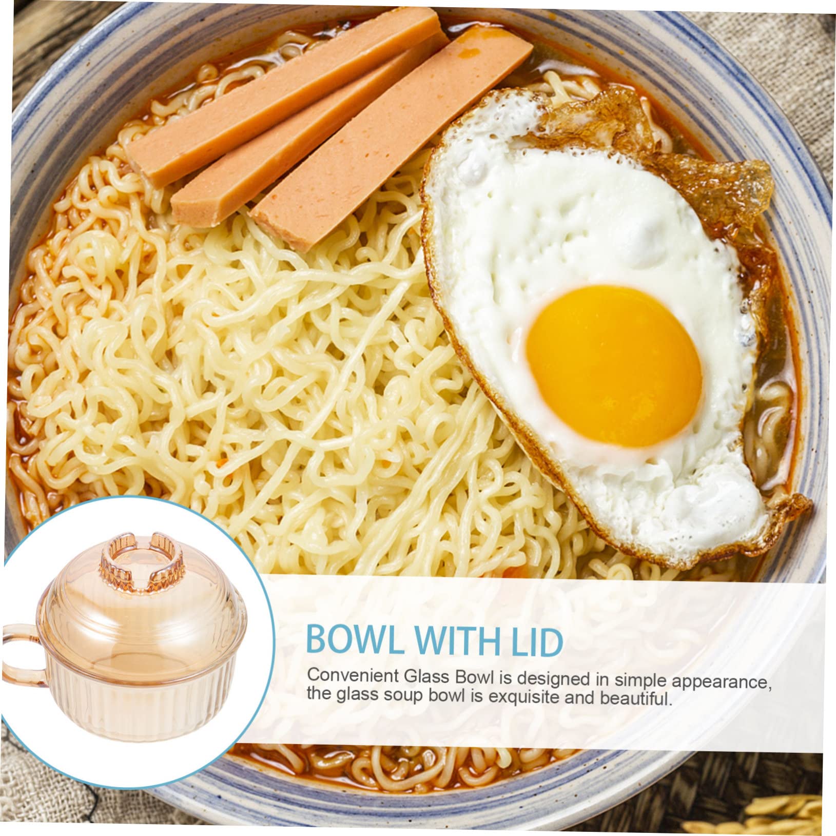 Tazón de Sopa de Vidrio con Asa y Tapa Ámbar con Diseño Vertical, Recipiente Práctico para Cocinar al Vapor, Apto Microondas, para Uso Doméstico y Estofados, Adecuado para Sopas