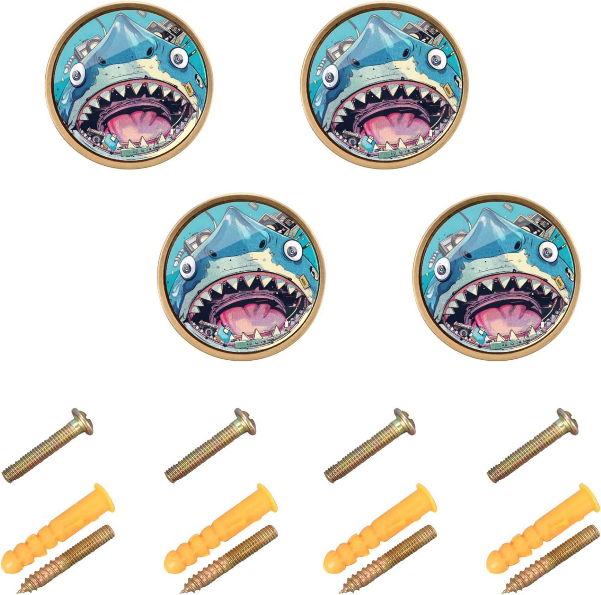 xigua 4 Pcs Sharks Cabinet Knobs Round Zinc Solid, 1-1/4 Inch Decorative Cabinet Hardware Handles Knobs for Bathroom Cabinet, Dresser, Cupboard and Wardrobe