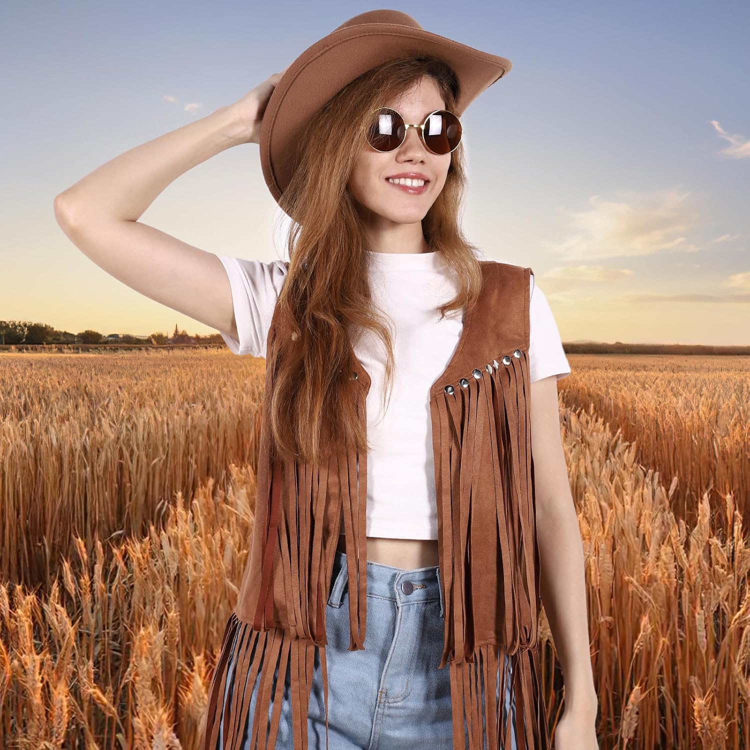 Women Fringe Vest 70s Hippie Costume Faux Suede Rivets Tassel Sleeveless Cowgirl Western Costume Jacket Outerwear - Image 2