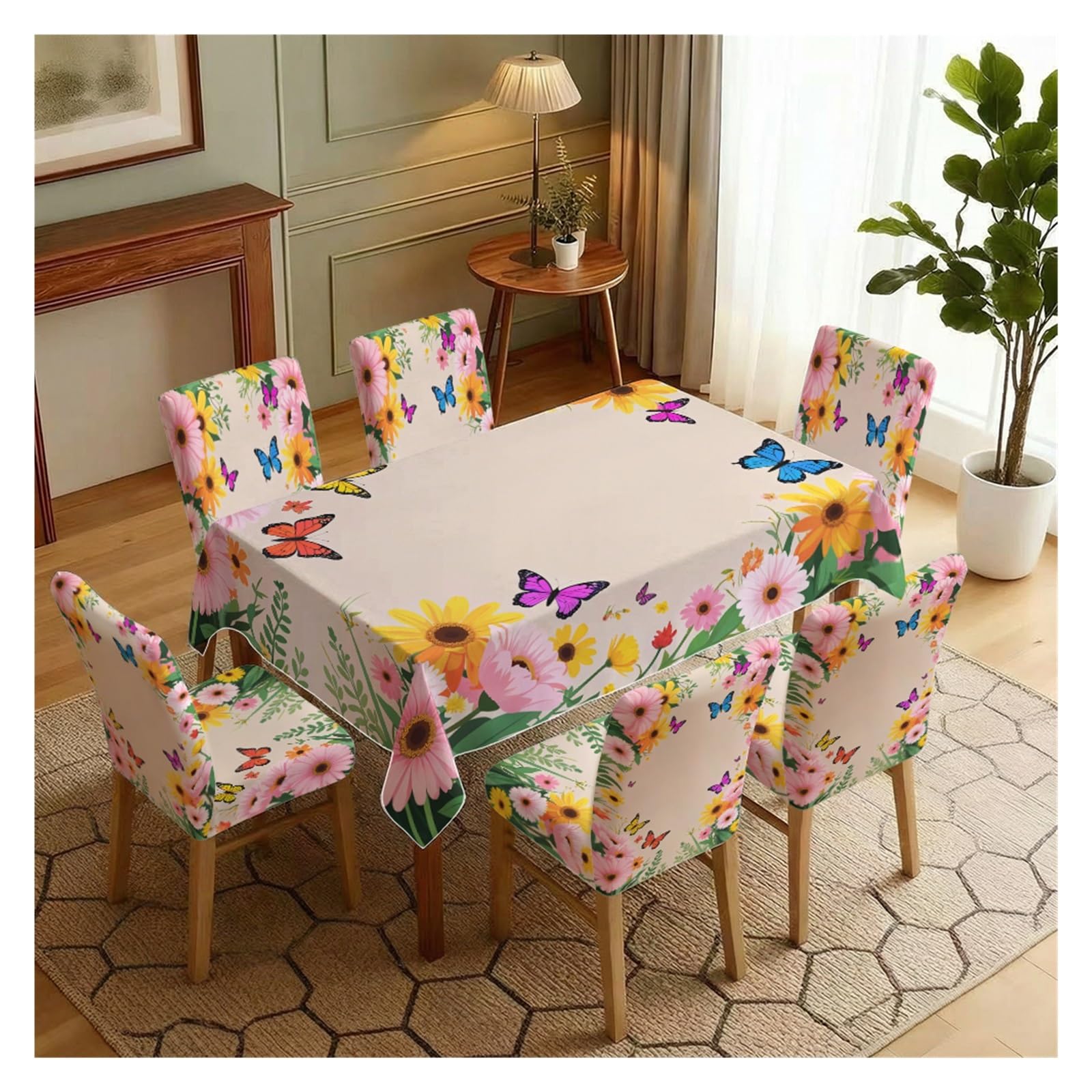 KXUAUV Stretch Dining Chair Slipcover & Tablecloth Set, Light Base Colorful Daisy Butterfly Floral Print, 5/7 Pack, Spring Boho Farmhouse Home Decor Party Decor(7pcs Set: Tablecloth+Chair Covers)