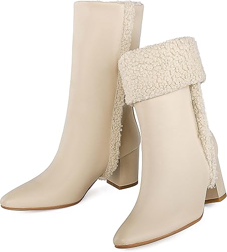 Botas de invierno con forro de piel sintética para mujer tacón medio grueso botas cortas y cálidas sin cordones punta puntiaguda botines al tobillo