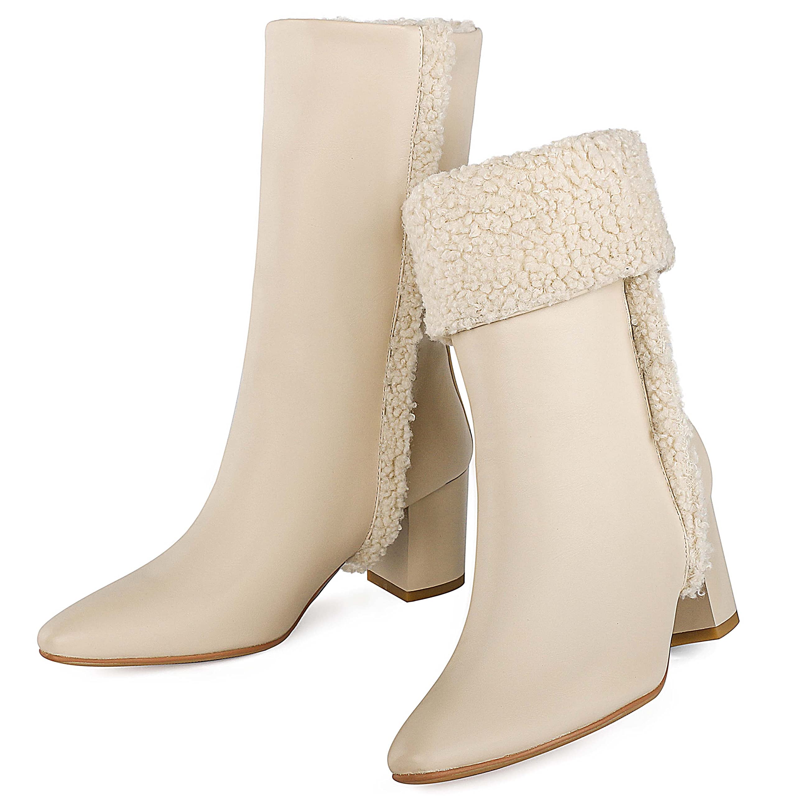 heelchicWomen Faux Fur Lined Winter Boots Chunky Mid Heel Warm Short Boot Slip On Pointed Toe Ankle Booties