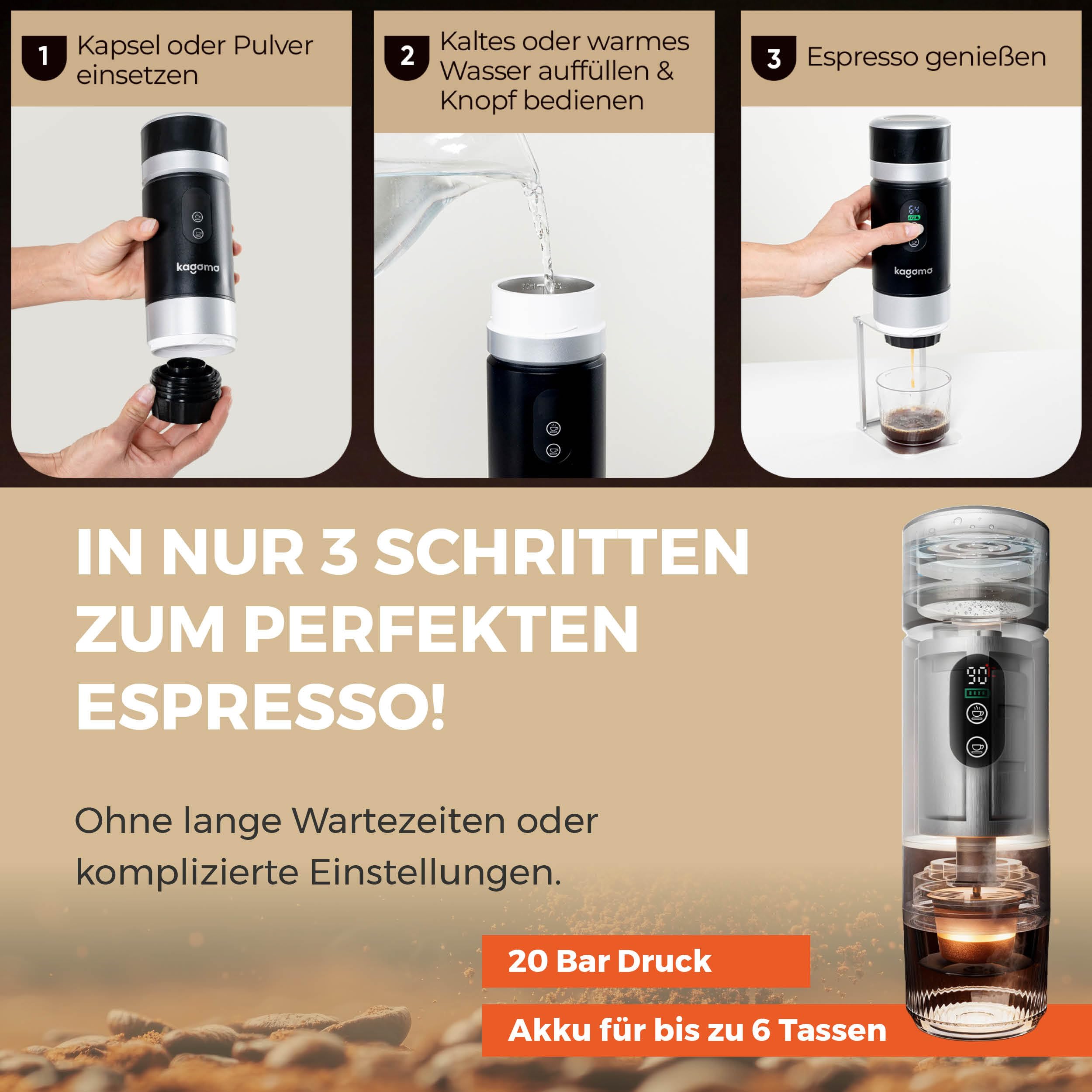 kagomo One Tragbare Espressomaschine mit Akku 20 Bar USB-C Mobile Kaffeemaschine für unterwegs Auto Camping