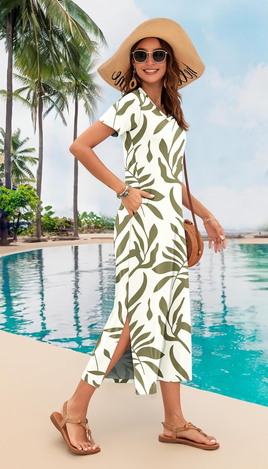 MISFAY Women Summer Maxi Dresses 2026 Casual Short Sleeve Long T Shirt Dress Split Beach Sundress Travel Vacation with Pocket - Image 2