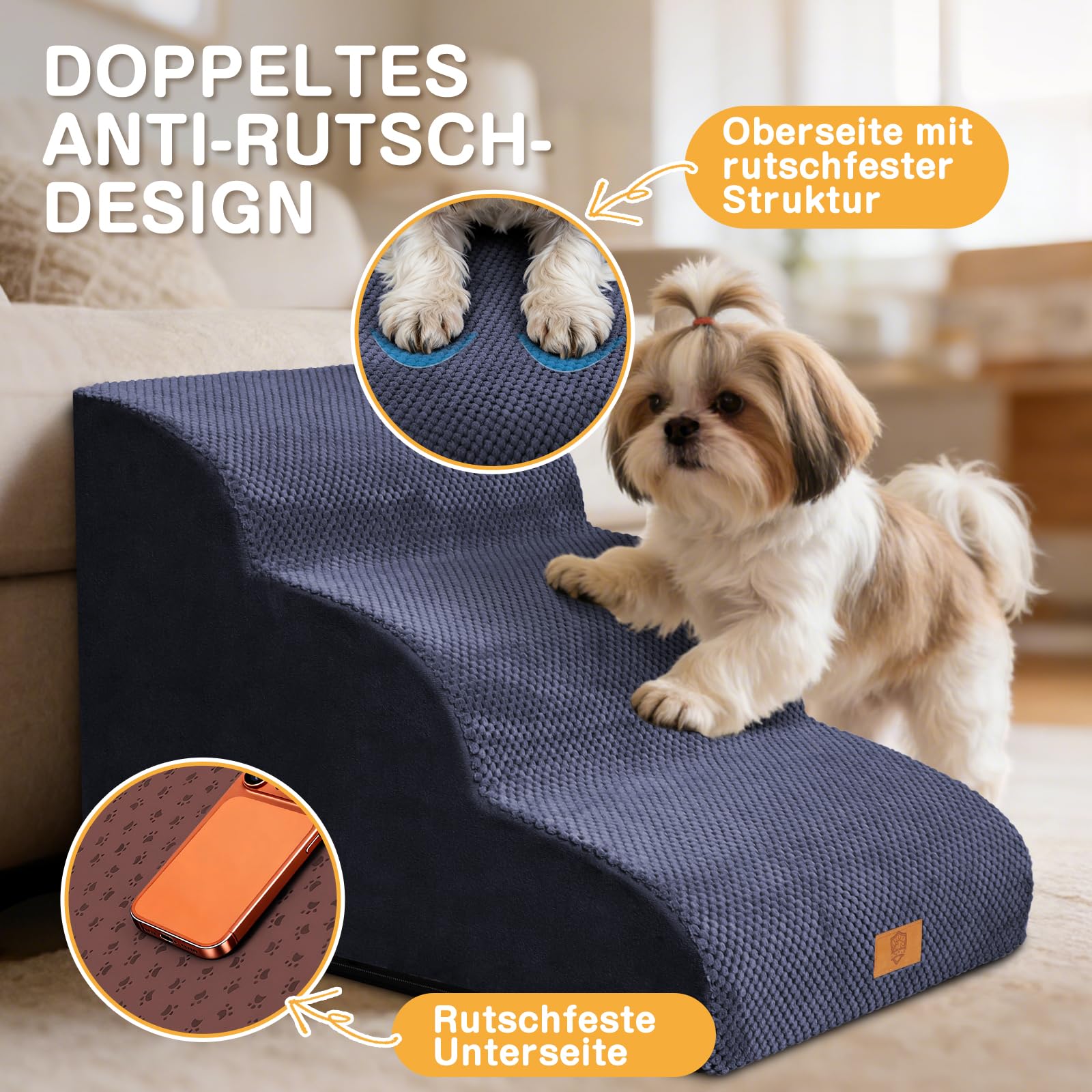 Zvonema Scaletta per Cani Antiscivolo 3 Gradini,Scaletta per Animali, per cani e gatti, portatile, rimovibile, con rivestimento lavabile, Rampa per Cani in spugna,Portata Fino a 23 kg