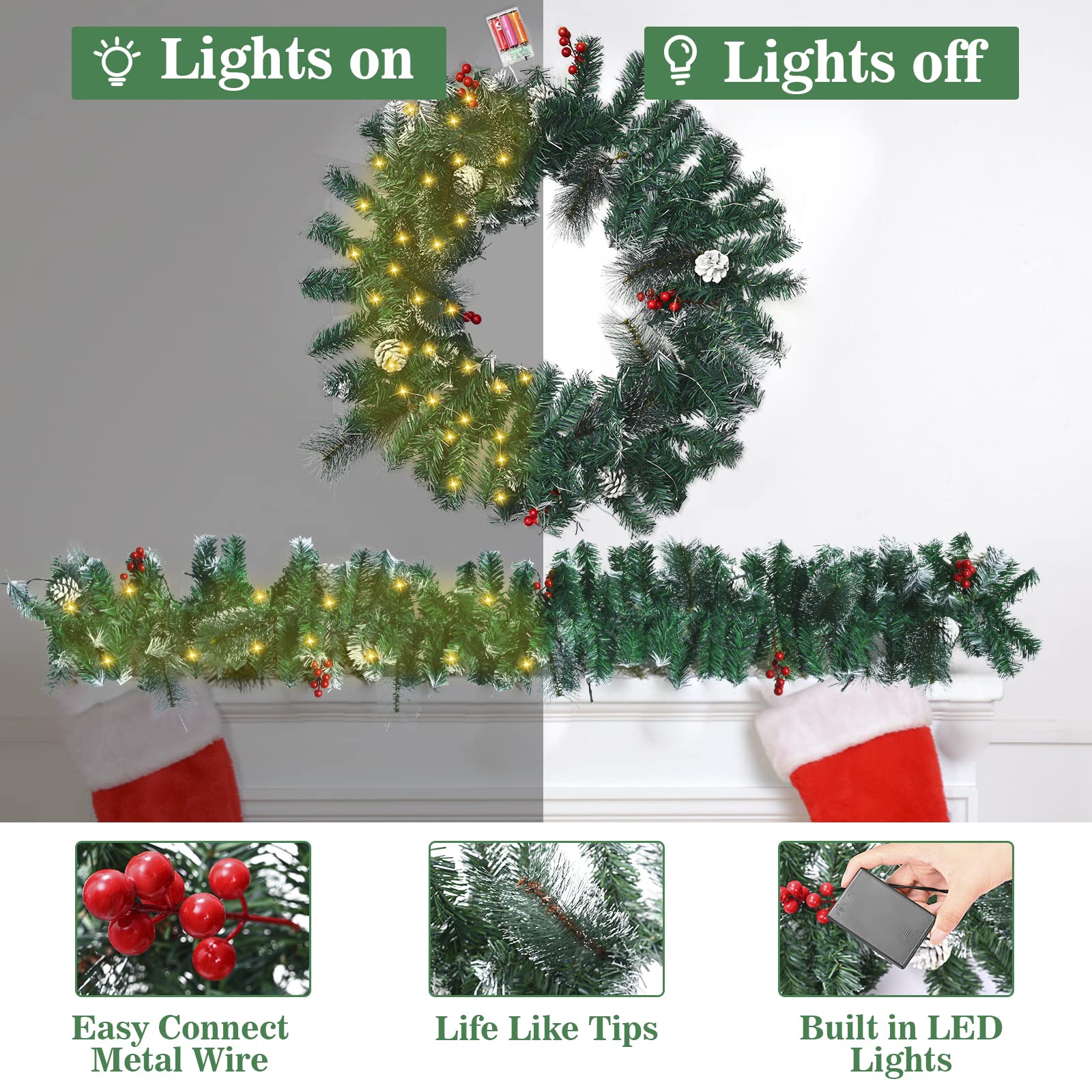 Kerstslinger, 270cm Kerstdecoratie Kransen Met Ledverlichting Kunstboomslinger Binnen En Buiten Vakantie Decoraties Tuinen Firep