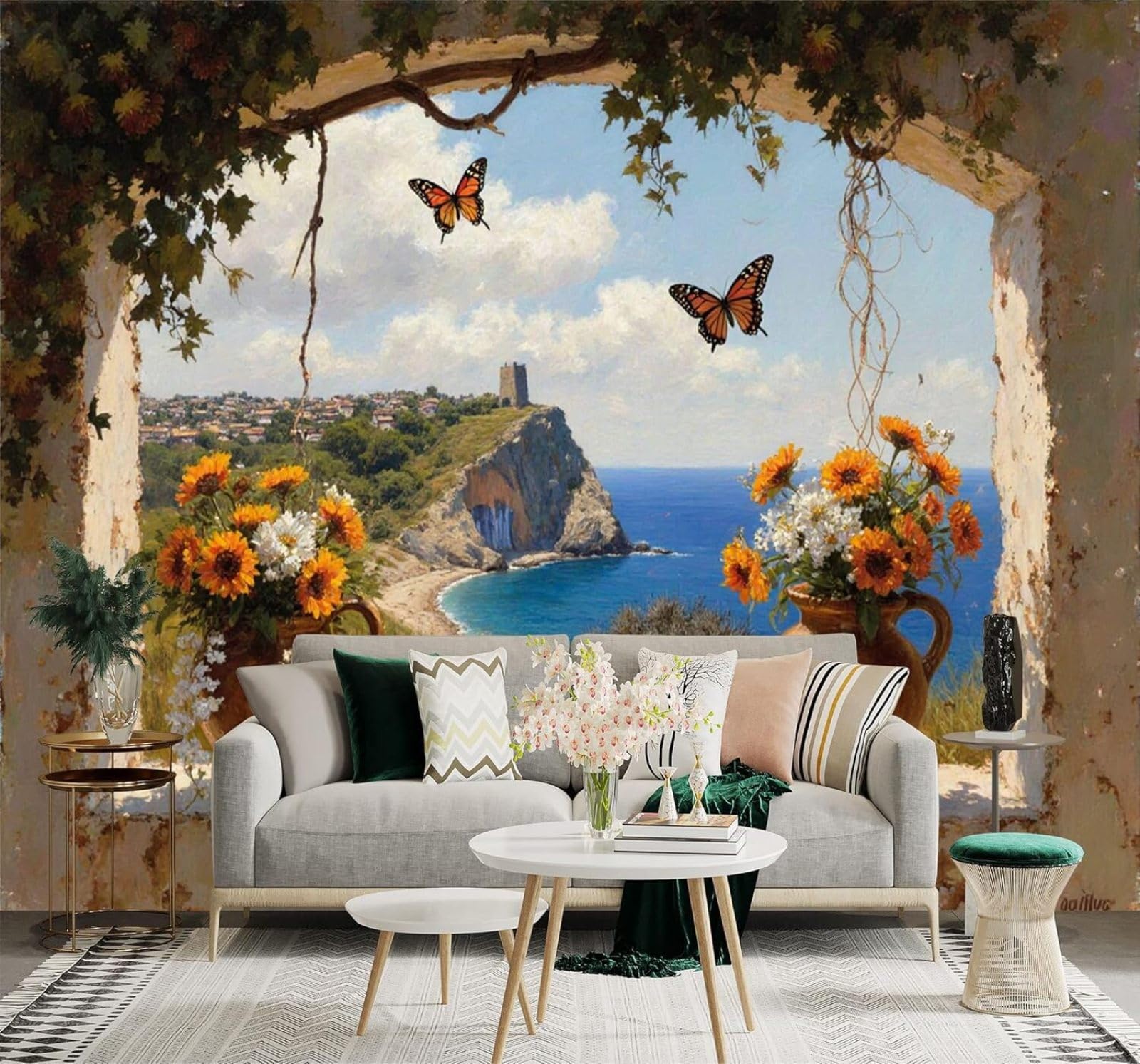 XLMING Bouquet Vase Butterfly Window Blue Ocean 3D Wallpaper Premium Textured Silk Study Dining Living Room Bedroom Sofa TV Wall Easy Install-400cm×280cm