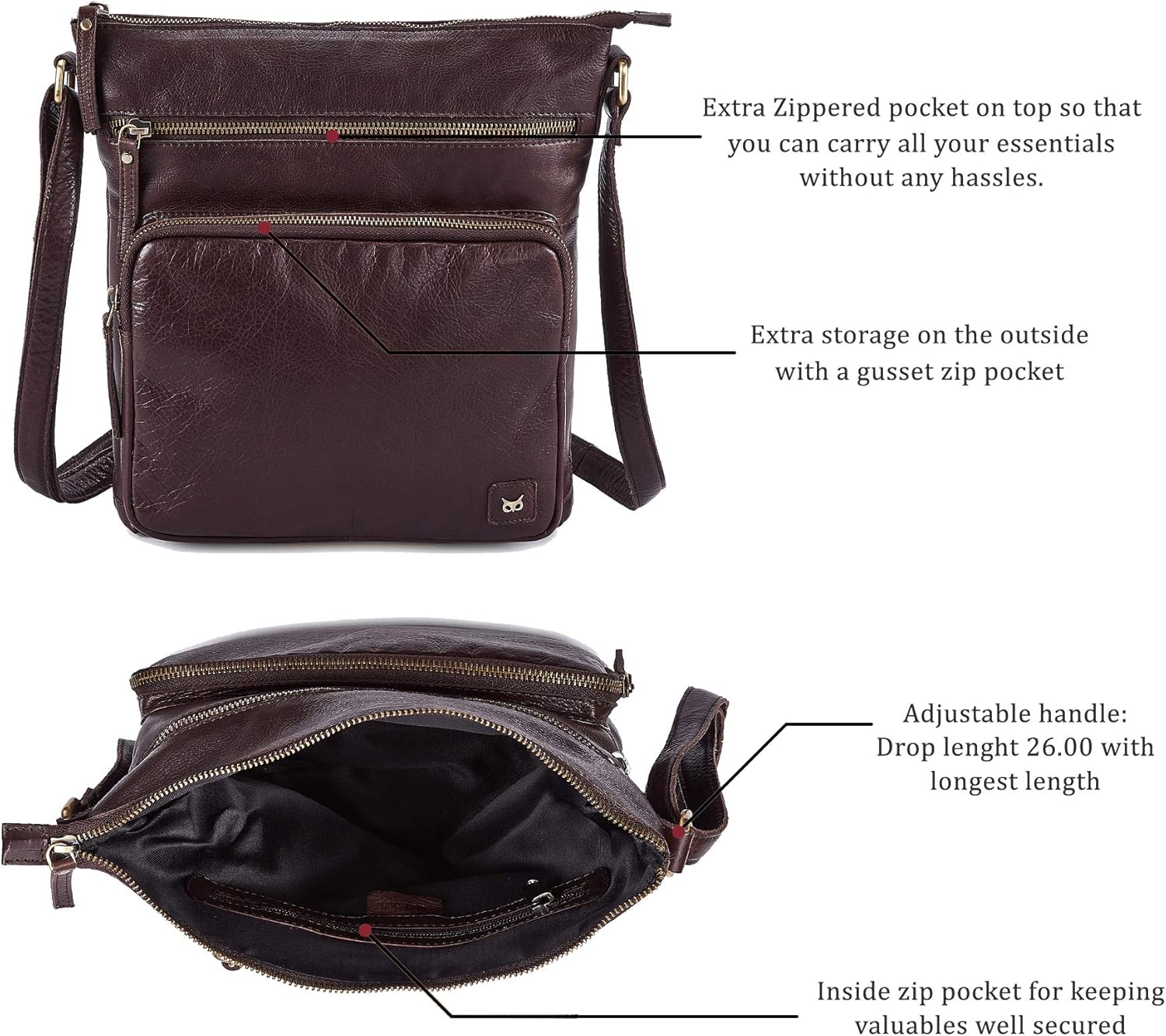 Genuine Leather Crossbody Bags for Women Handmade Sling Shoulder Purse Stylish Travel Handbag with Full Adjustable Strap