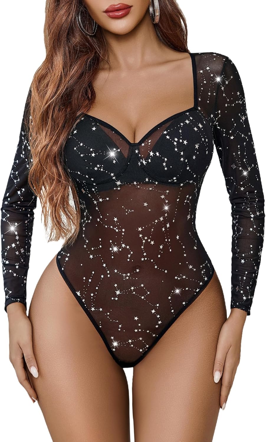 Avidlove Mesh Bodysuits for Women Long Sleeve Body Suits Leopard Print Going Out Tops Sheer Rave Outfits with Snap Crotch