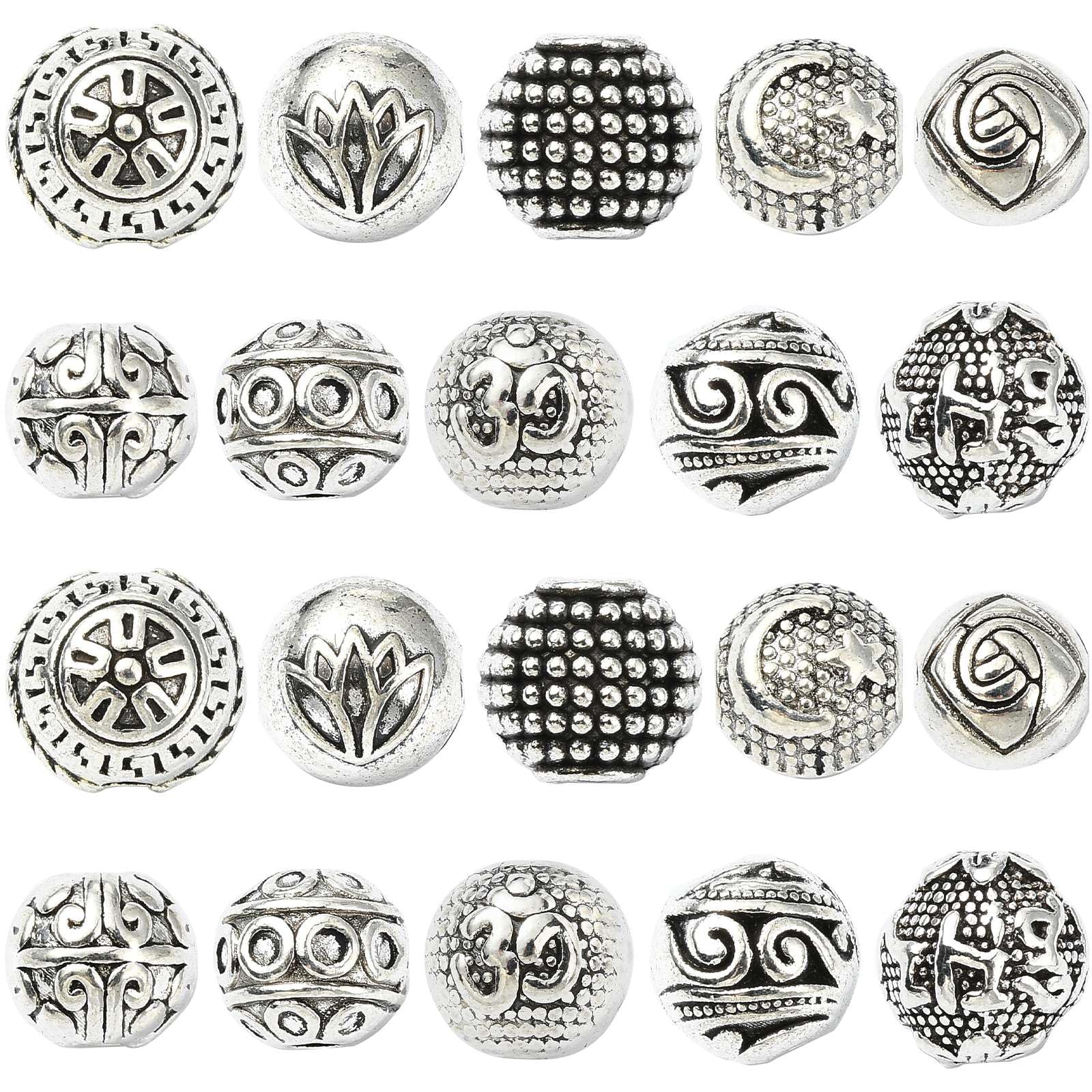 Stiesy 100Pcs 10 Styles Tibetan Style Alloy Round Beads 7mm 8mm 9mm Vintage Antique Silver Metal Spacer Beads Loose Beads for DIY Necklace Bracelet Jewellry Making Accessories