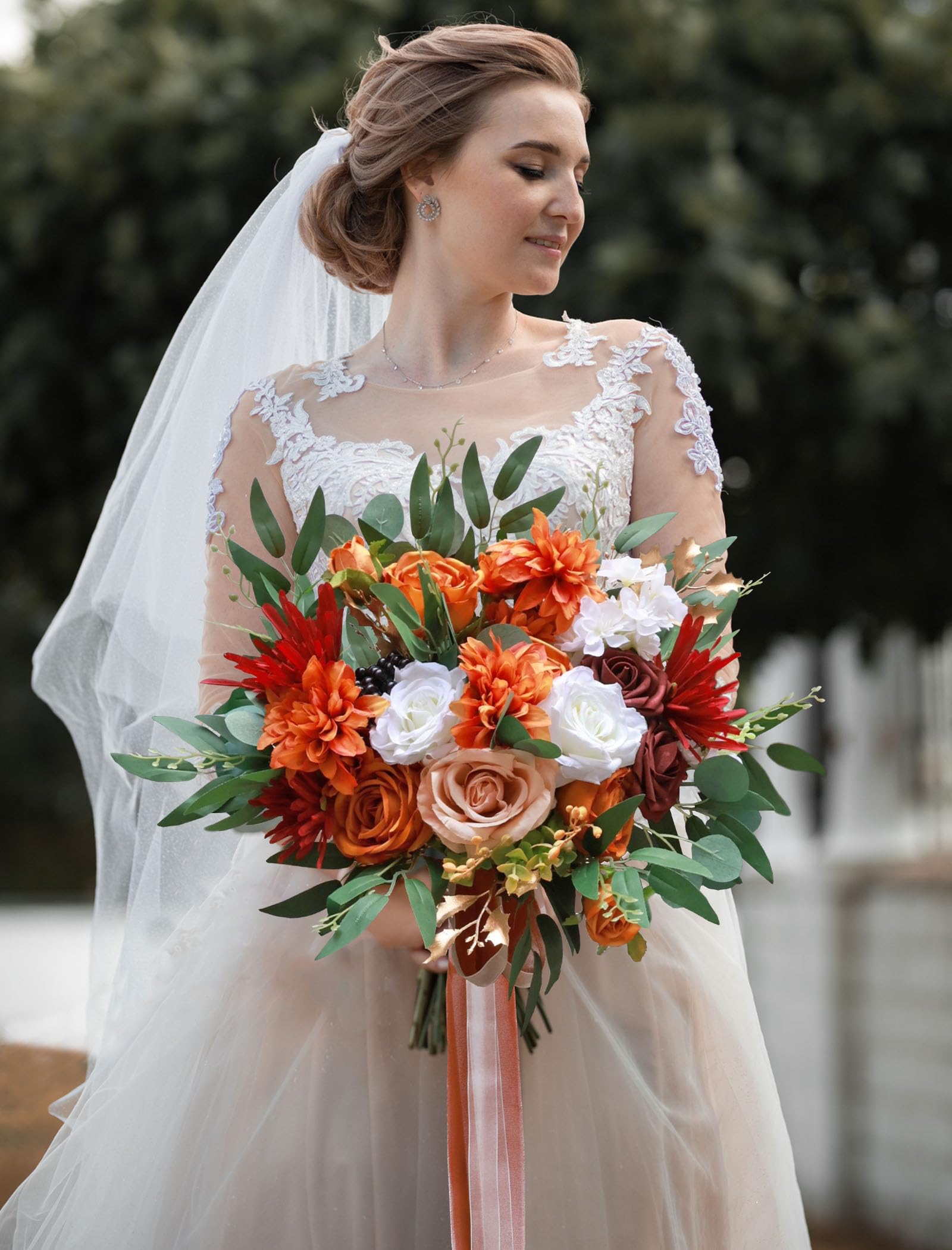 CherishedMoments Brautstrauß Aus Seide – Gebranntes Orange, Tropfenform, Mit Chiffonband, Für Hochzeit & Fotoshooting