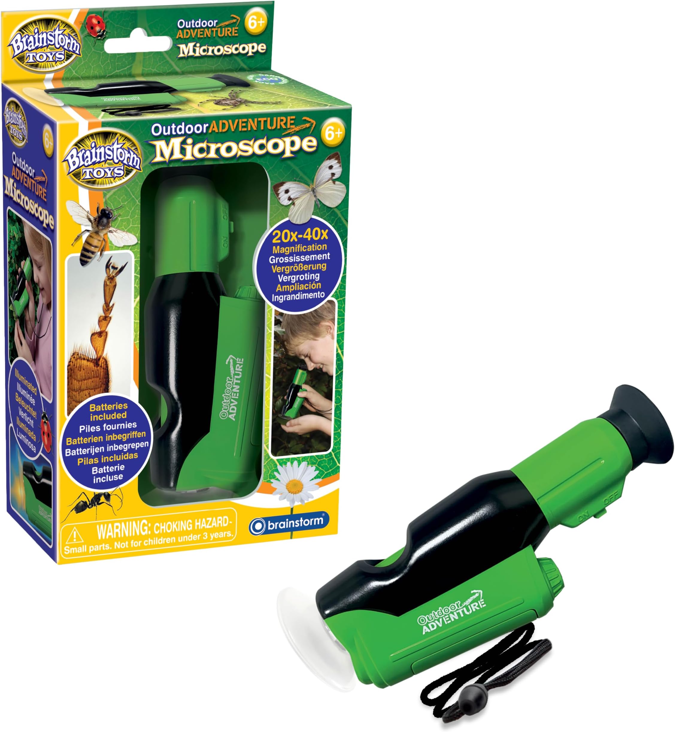 Brainstorm Toys Kids Outdoor Adventure Microscope – Small Portable Microscope with 20x to 40x Magnification, Perfect for Nature Exploration and STEM Learning