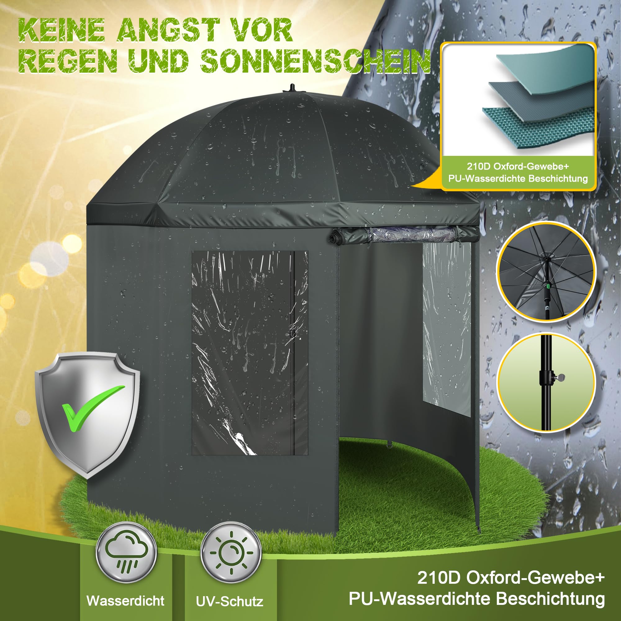 Angelschirm 240 cm - Stabilität Angelschirm mit Seitenwand - 210D Oxford-Gewebe, PU-Wasserdichte, Verstellbar Schirmzelt Angeln mit 3 Fenstern, Einfache Montage, für Outdoor Camping & Angler