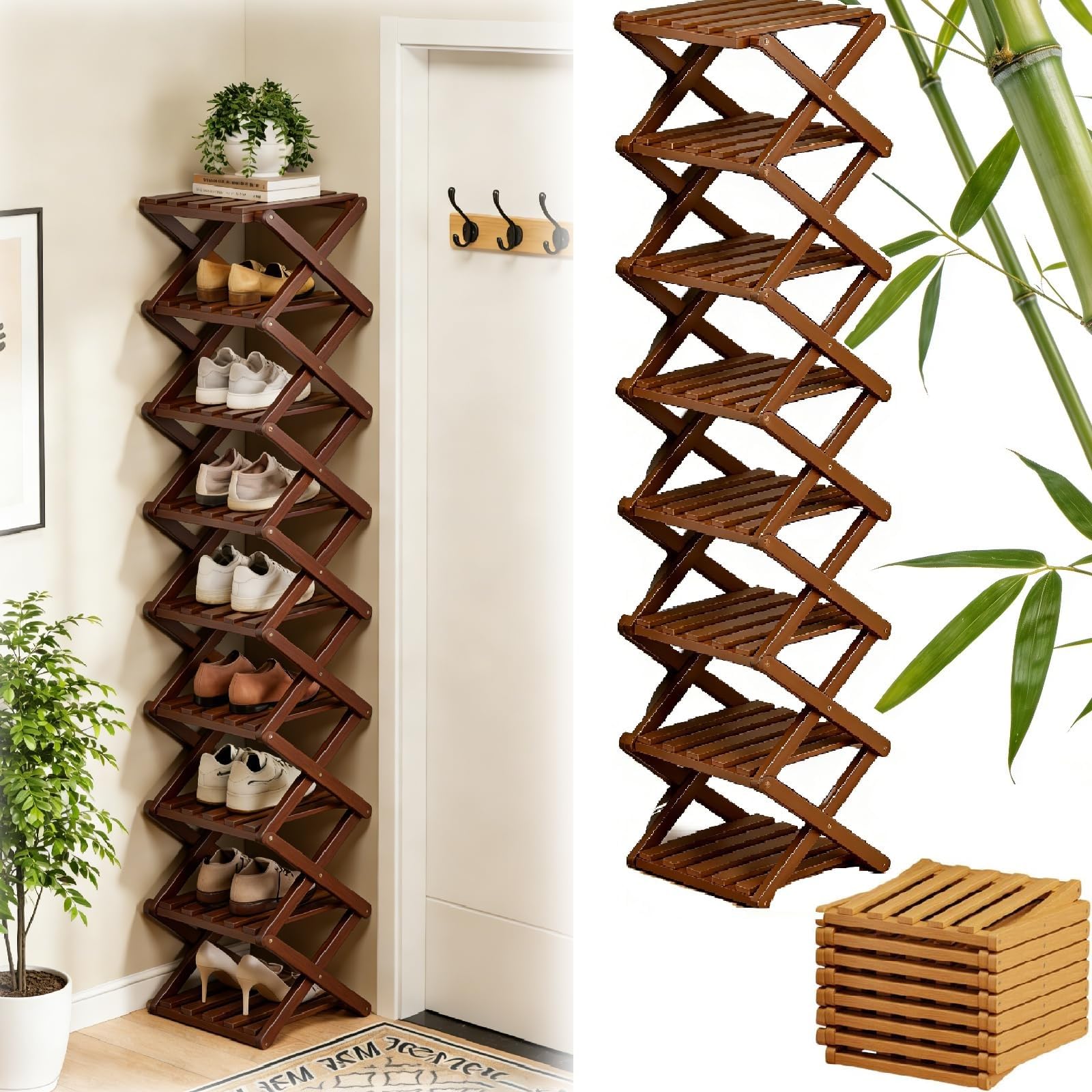 FSLXZPKJ 9-Tier No-Assembly Bamboo Shoe Rack - Foldable Vertical Storage Organizer for Entryway and Closet Light Luxury Appeal