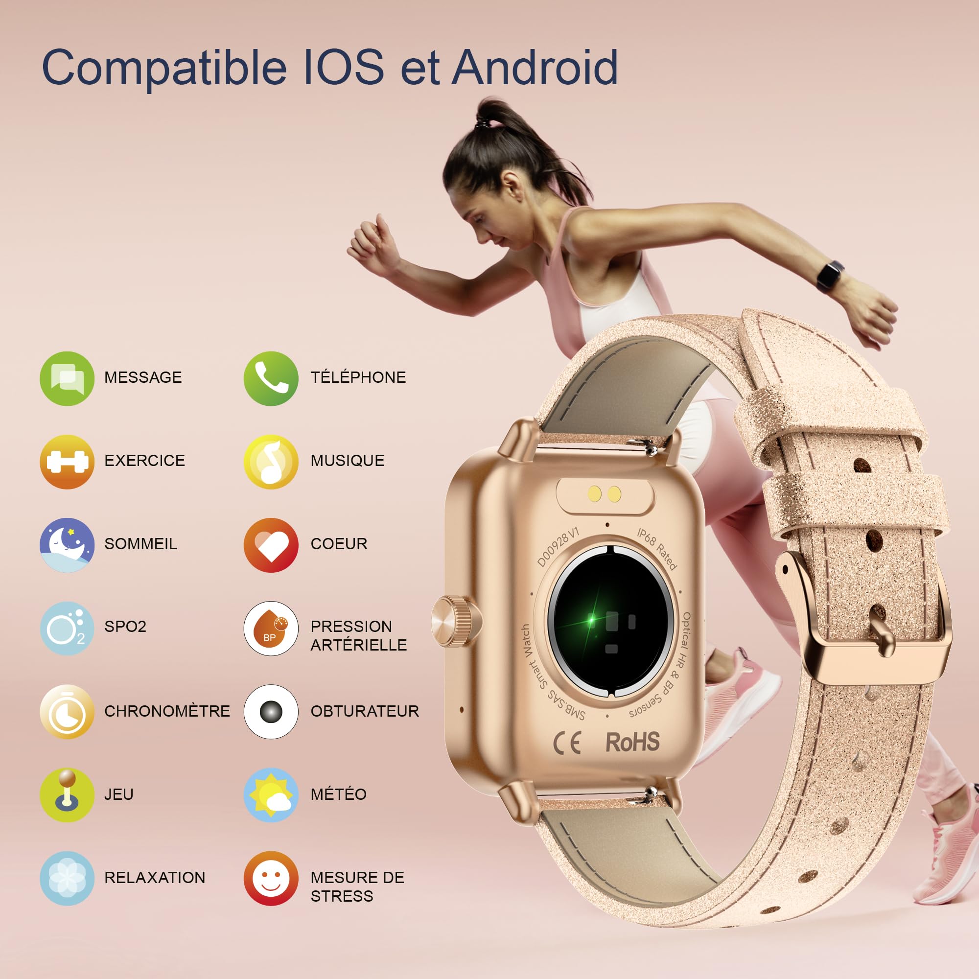 Digitec Montre connectée Square Rose-dorée, avec Bracelet doré-Rose pailleté en Cuir, Femme, Suivi activité et Sommeil