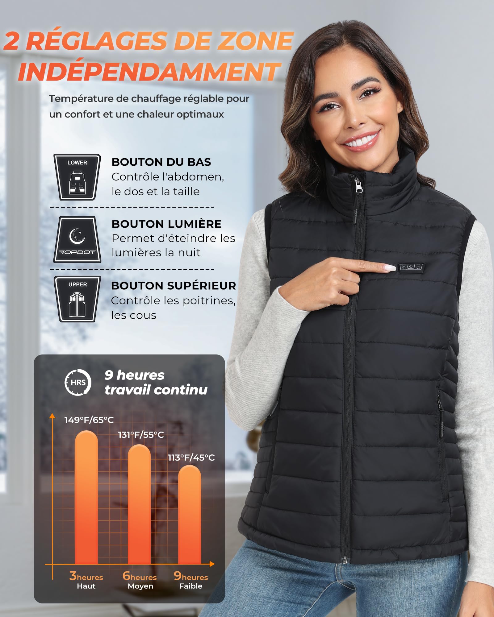 Topdot Gilet Chauffant Femme avec Batterie 7.4V 16000mAh, 10 Zones de Chauffage, Gilet Chauffant à 3 Niveaux de Température, Veste Chauffante pour le vélo, Camping, Travail en Extérieur