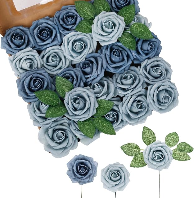 Roses Artificial Flowers 25PCS Blue Roses Decorative Artificial Flowers Dusty Foam Roses with Stems for Wedding Bridal Bouquets Arrangement Home Birthday Party Decoration