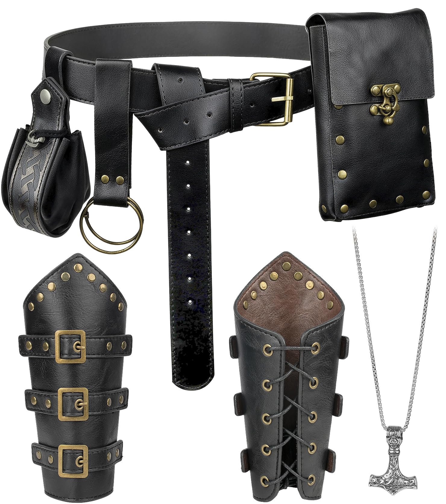 7PCS Renaissance Accessories – Medieval Belt, Viking Leather Bracers, Belt Pouch &amp; Money Bag for Halloween Cosplay