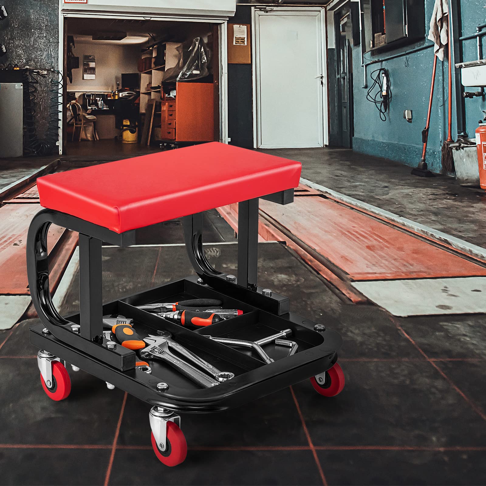 COSTWAY Asiento Rodante, Taburete para Garaje y Taller, Asiento para Mecánicos Acolchado con Bandeja para Herramientas, Asiento Rodante con 4 Ruedas Universales, Capacidad de Carga de 150 kg