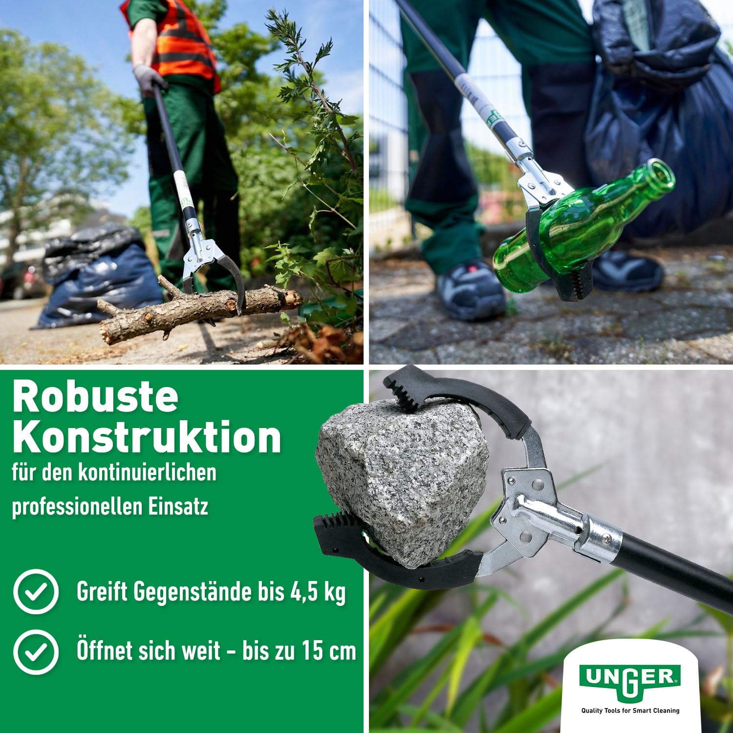 UNGER NiftyNabber Pro Müllzange (97 cm lang, Allzweckgreifer, Stahlrohr, Abfallgreifer, Öffnungsmaß Klauen 15 cm) NN900