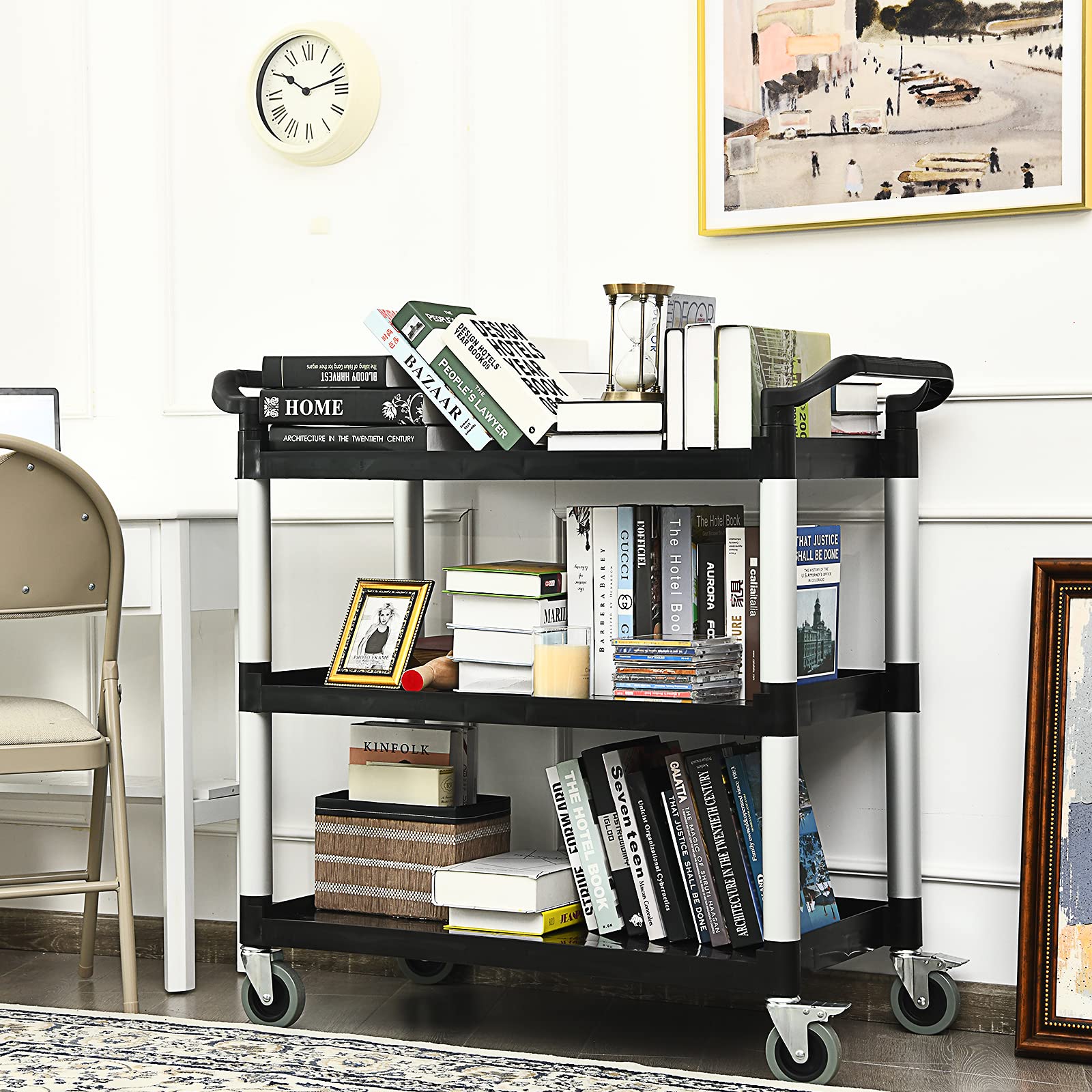 COSTWAY Chariot à roulettes 3 Étagères 150 kg, Chariot de Service Multifonctionnel avec Poignées adaptées, 4 Roues Flexibles (2 Verrouillable), 103 x 49 x 98 cm, Noir