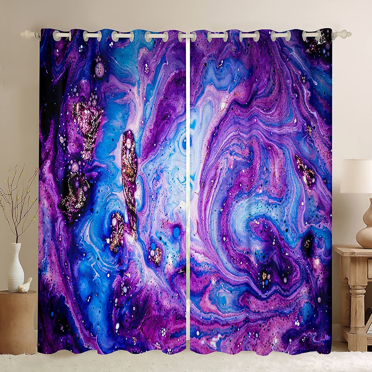 Glitter Marble Curtain for Bedroom Purple Marble Printed Room Curtain for Kids Boys Girls Abstract Art Curtain Boho Psychedelic Drapes,W66*L90