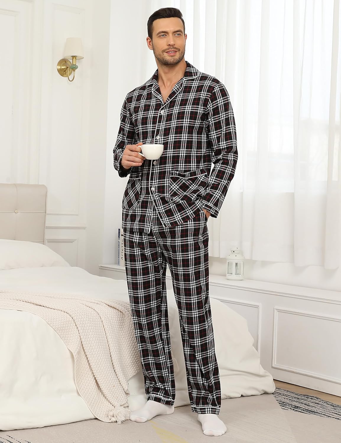 MoFiz Mens Pajama Set Soft Cotton Button Down Notched Collar Pjs Long Sleeve 2 Piece Sleepwear Lounge Nightwear with Pocket - Image 2