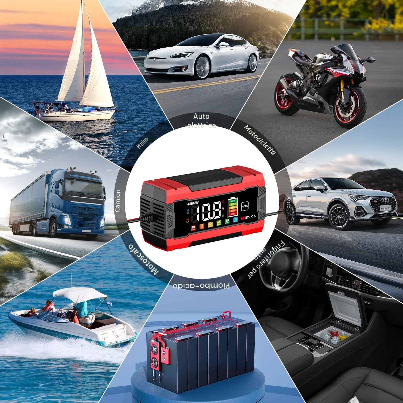 Caricabatterie LiFePO4 12V 10A per Auto Moto AGM GEL Wet SLA Rosso