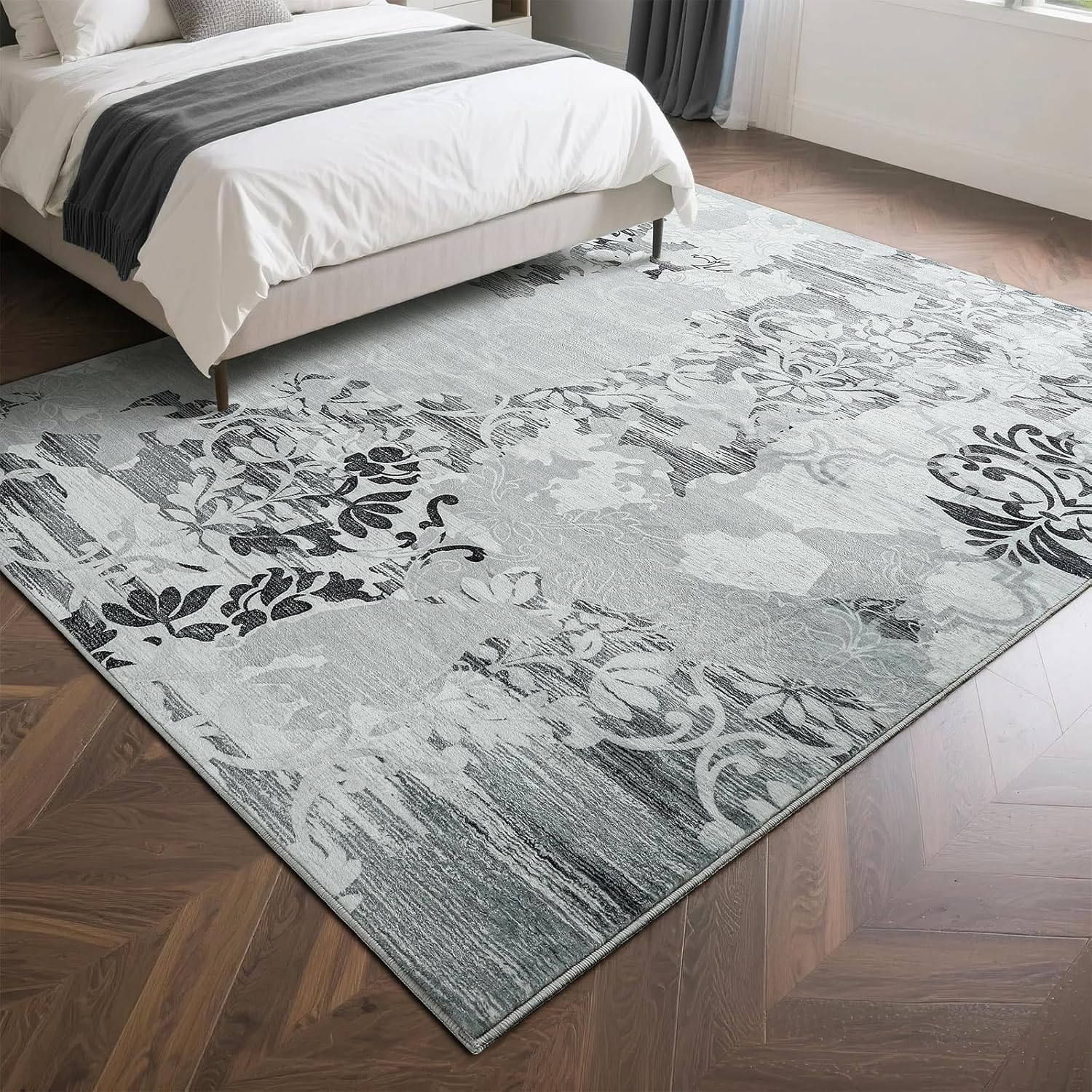 Przemy 5x7 Area Rugs for Living Room, Washable Rug for Bedroom, Vintage Non Slip Carpet for Dorm Dining Room Nursery Bedside Office Playroom, Grey and White