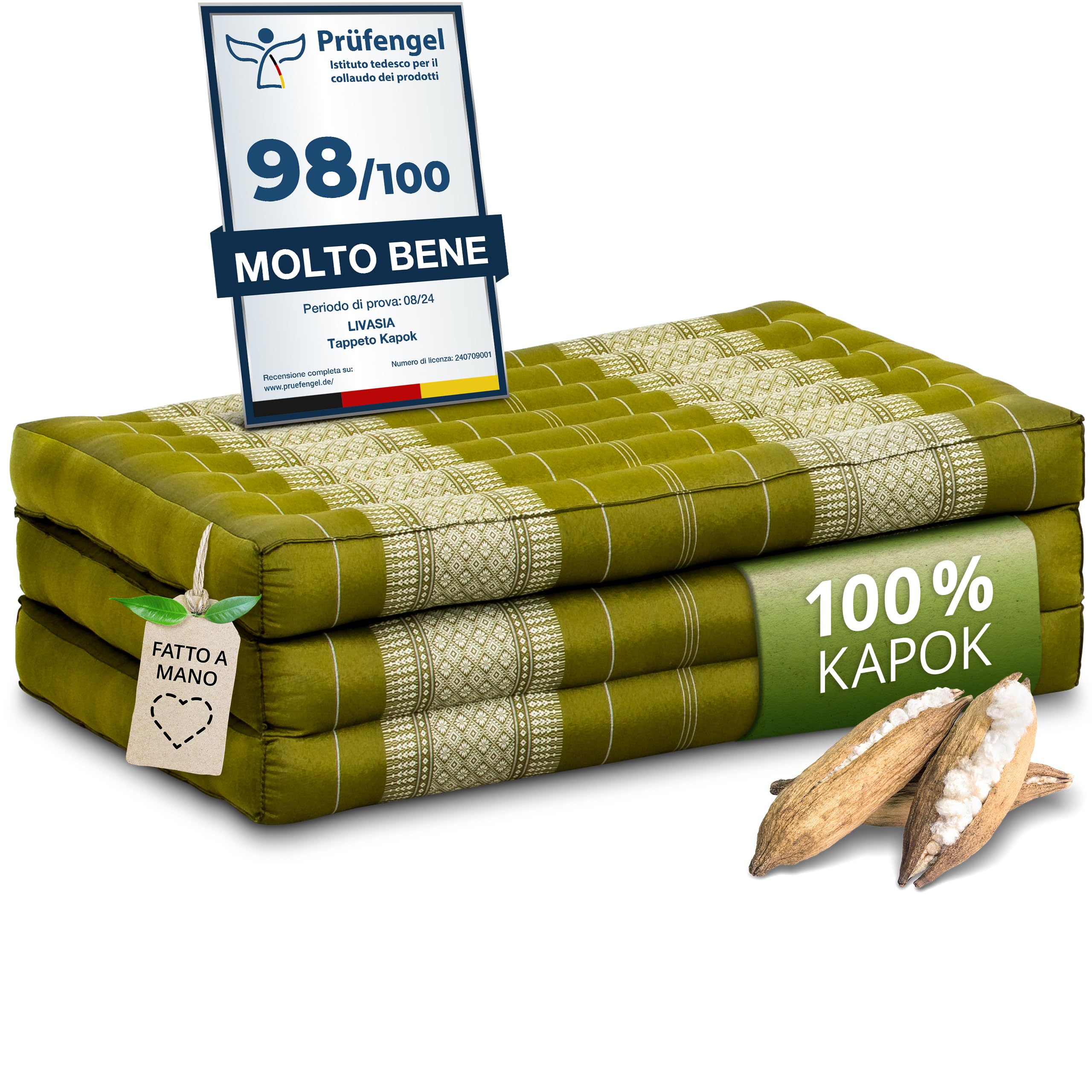livasia materasso sostenibile in kapok - 140x70x8cm - materasso pieghevole, materassino da campeggio, tappetino yoga ecologico, lettino per giardino e balcone (Verde)