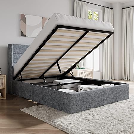 SHA CERLIN Queen Size Lift Up Storage Bed/Modern Wingback Headboard/Upholstered Platform Bed Frame/Hydraulic Storage/No Box Spring Needed/Wood Slats Support/Grey Blue