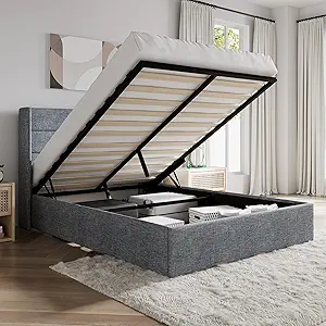 SHA CERLIN Queen Size Lift Up Storage Bed/Modern Wingback Headboard/Upholstered Platform Bed Frame/Hydraulic Storage/No Box Spring Needed/Wood Slats Support/Grey Blue