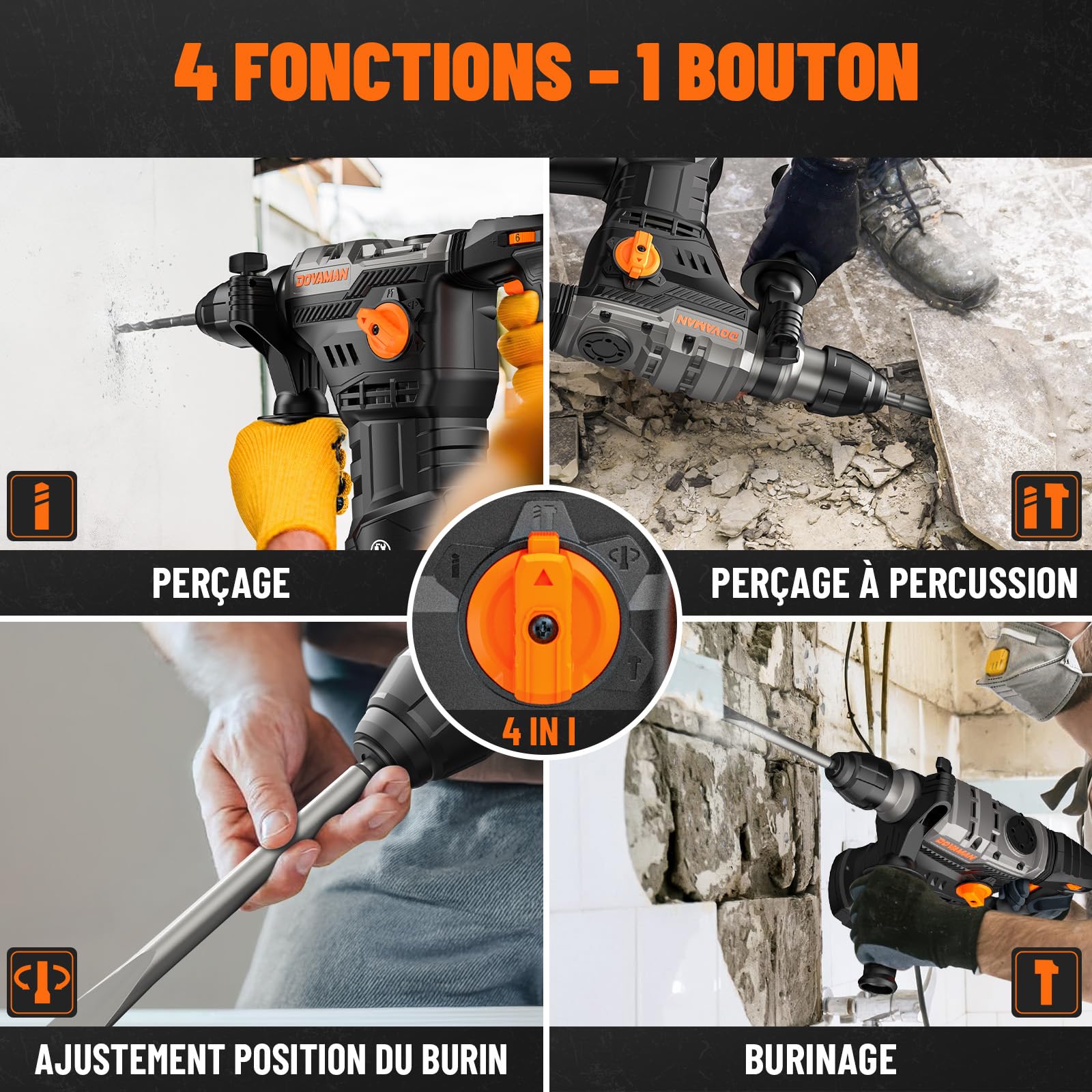 DOVAMAN RH15A Marteau Perforateur SDS-Plus 1500W, 7 Joules, 4 Fonctions, 900 tr/min, 4350 cps/min, Anti-Vibration, Embrayage de Sécurité, avec Forets & Burins, pour Béton et Maçonnerie, avec Coffret