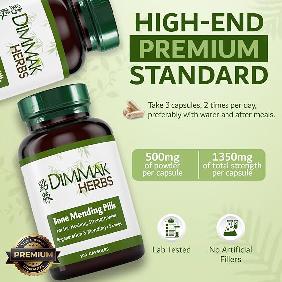 Dimmak Herbs Bone Mending Pills- Rapid Fracture & Broken Bone Healing Supplement- Advanced TCM Formula with Drynaria- Stress Fracture & Osteoblast Support- Organic, Vegan- 500mg 100 Capsules